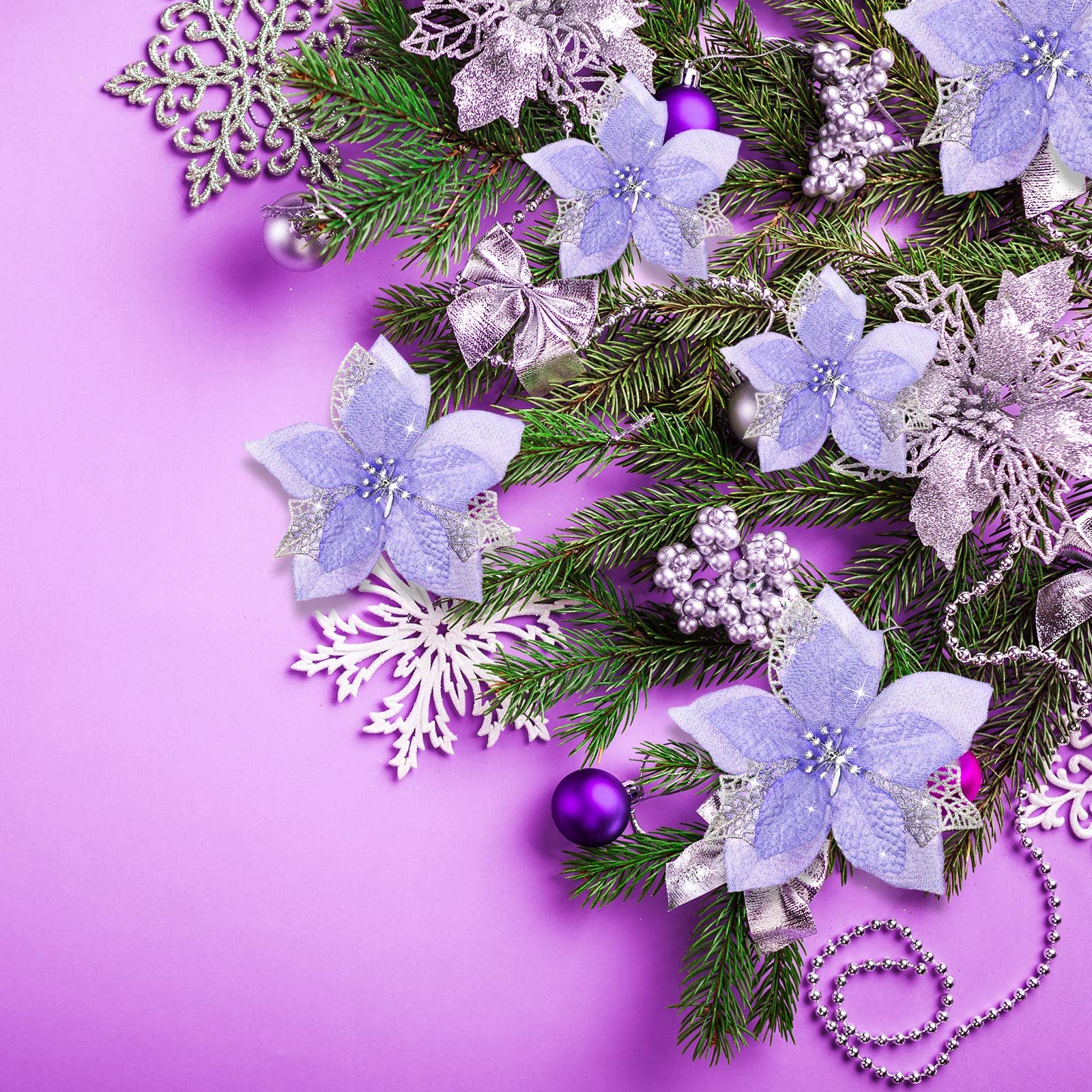Lot de 50 décorations de Noël, fleurs artificielles scintillantes avec clips, décorations pour sapin de Noël, pendentifs de fleurs artificielles - 6