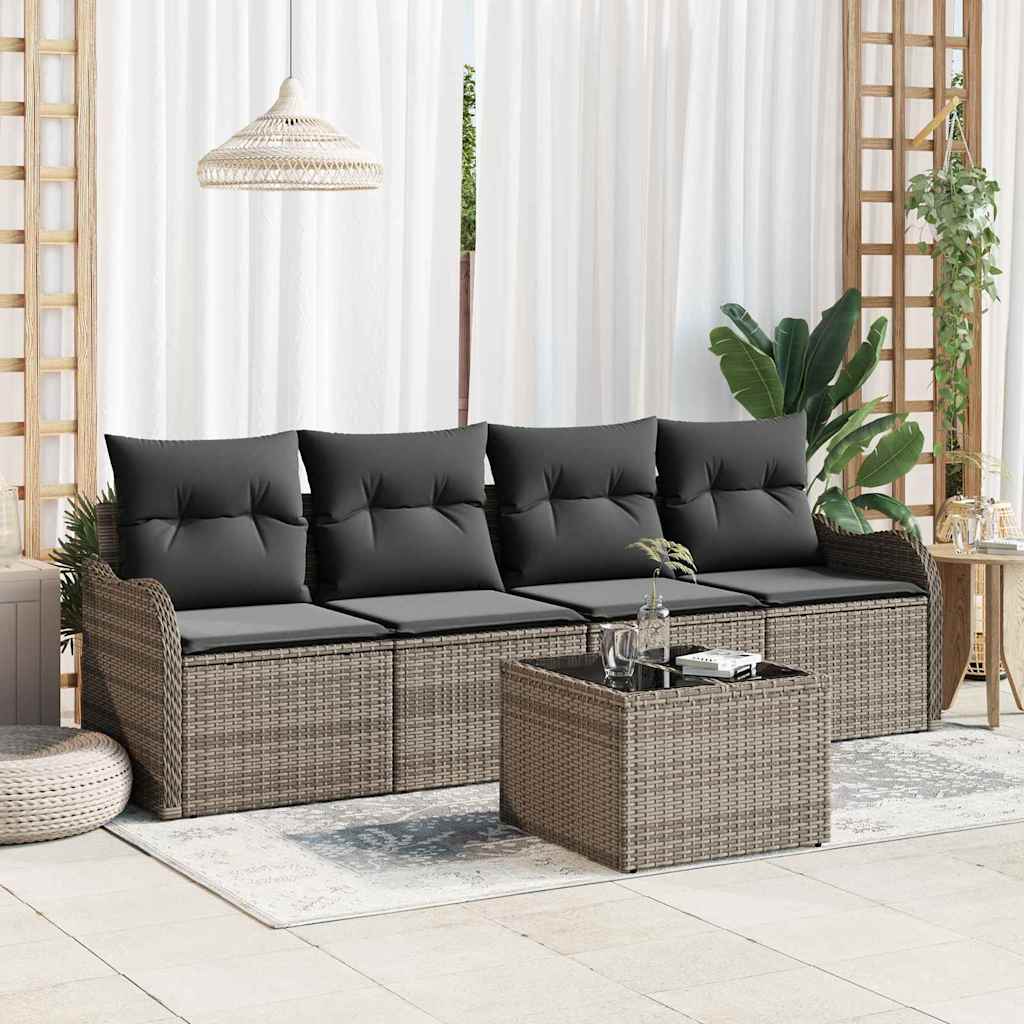 Zestaw Sof na Ogród 5 pcs Szary Polirattan, stal i szkło vidaXL