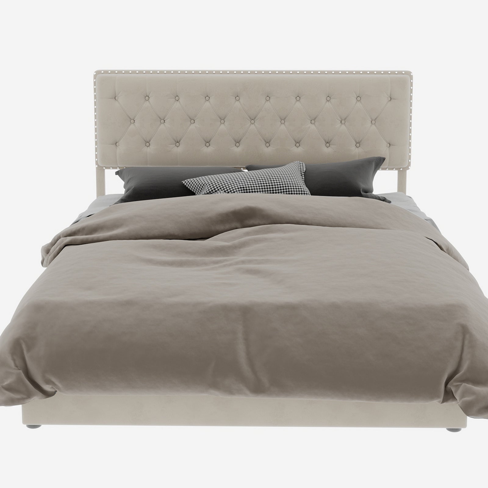 Letto contenitore matrimoniale 140x200 cm, doghe in legno, testiera, velluto beige, senza materasso - 7