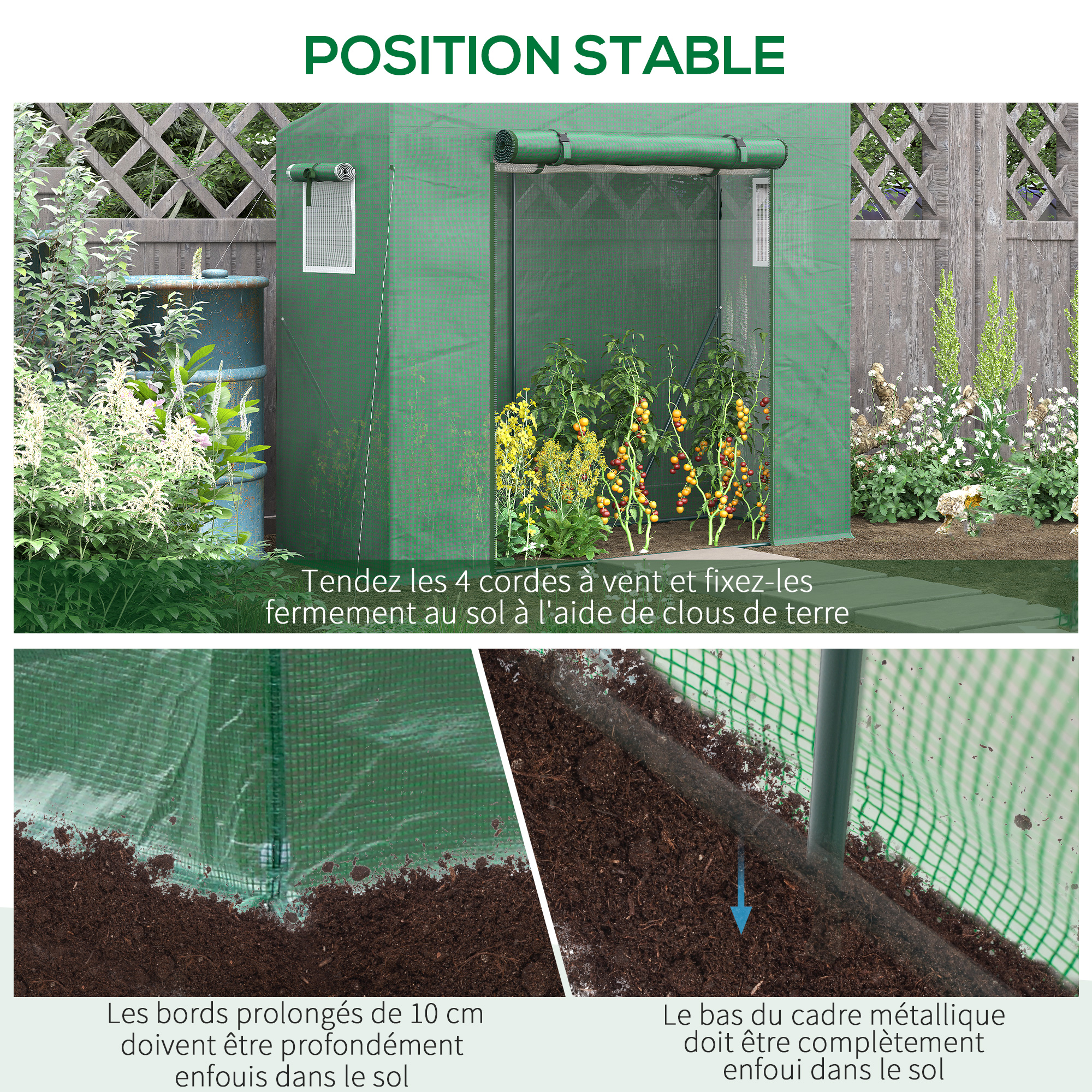 Serre de Jardin Anti-UV 2 fenêtres moustiquaires + Barres renforcement 200L x 77l x 169H cm Acier PE Vert - 8