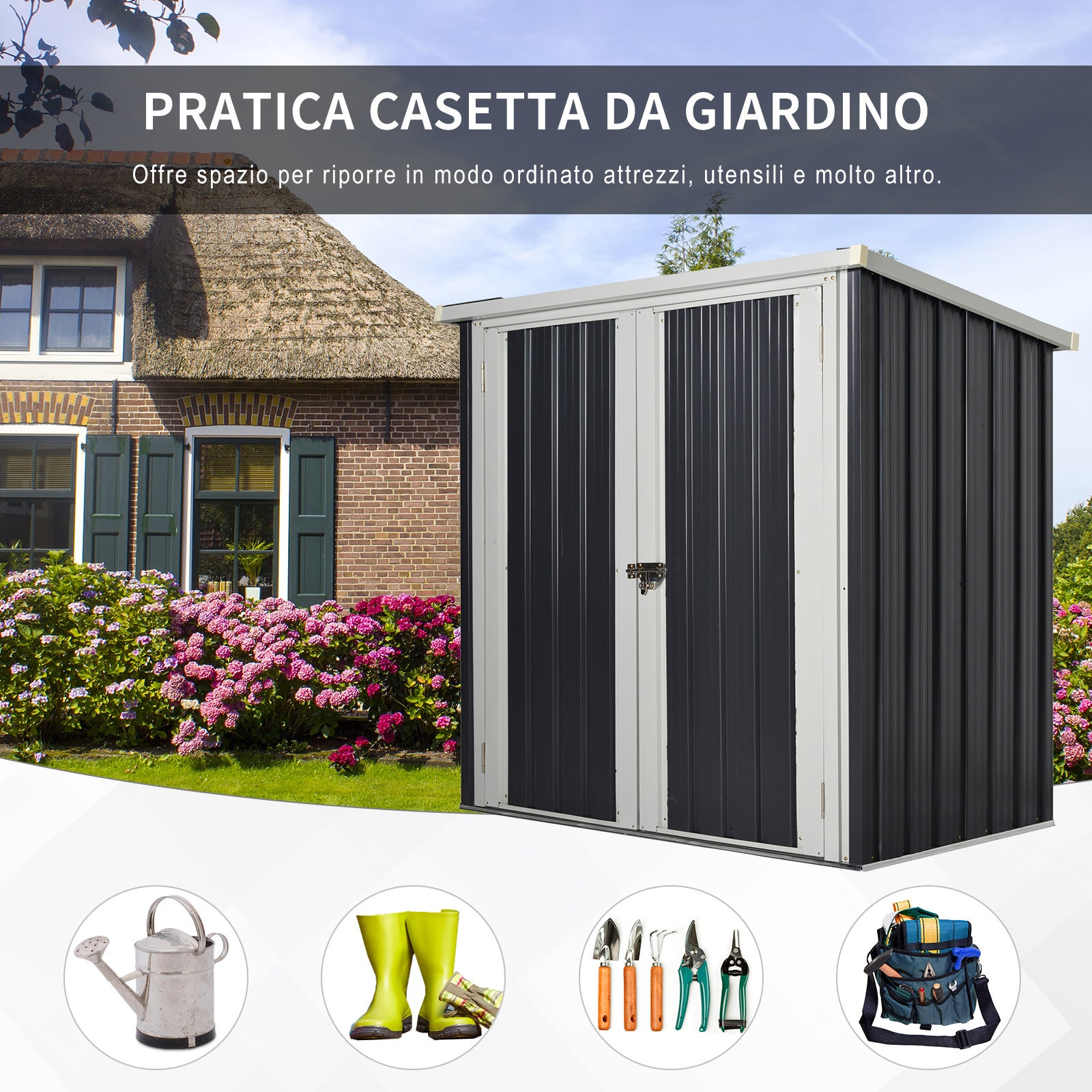 Outsunny Casetta da Giardino in Lamiera di Acciaio con Doppia Porta, 147x86x134cm, Nero e Bianco - 6