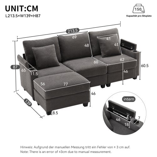 Canapé d'angle en L convertible 3 places avec repose-pieds,porte-gobelet,chargeur USB,rangement dans l'accoudoir et 2 coussins,idéal pour salon,b - 3