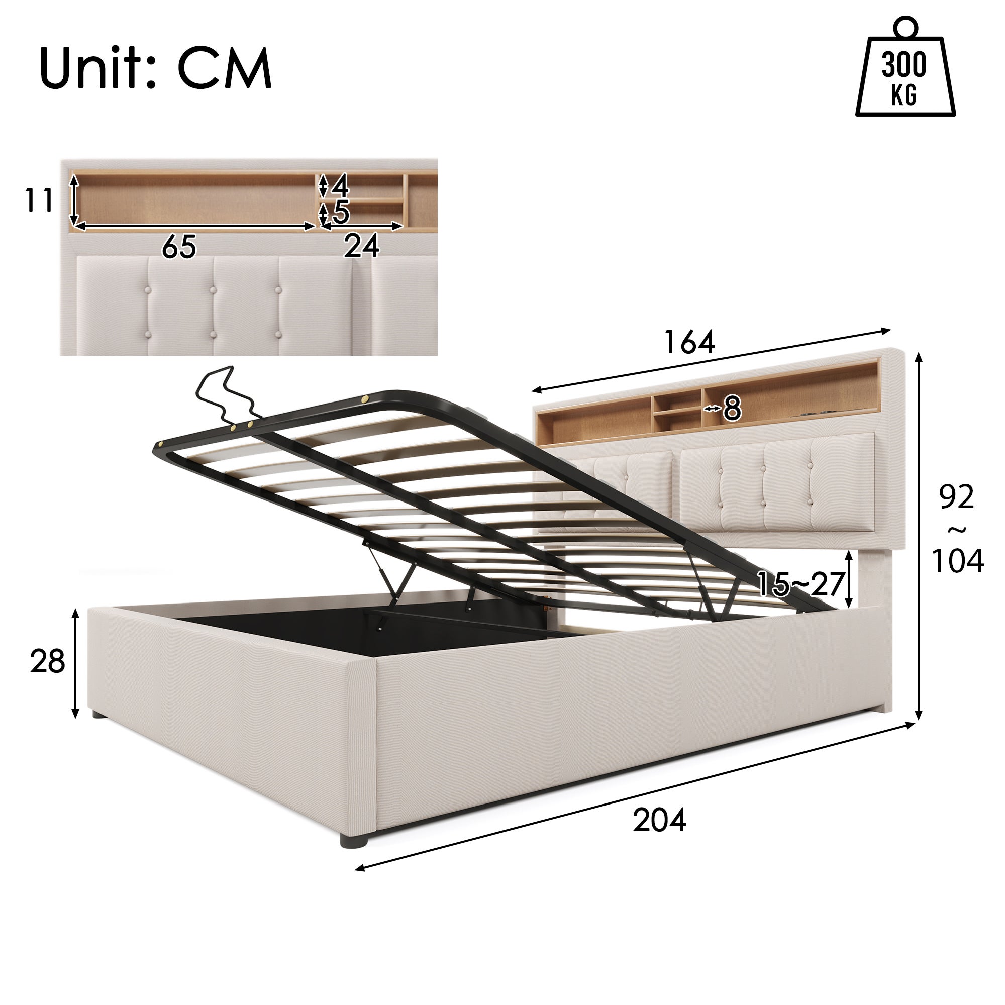Lit coffre 160 x 200 cm avec tête de lit rangement - USB - tissu en lin - beige - 7