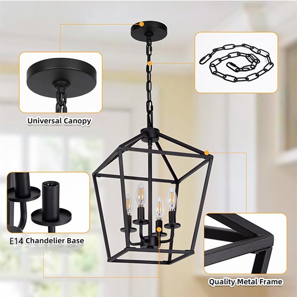 Lámpara de araña de cuatro cabezas de hierro de estilo industrial, lámpara de techo E14-300*405MM, luz cálida-negro - 4