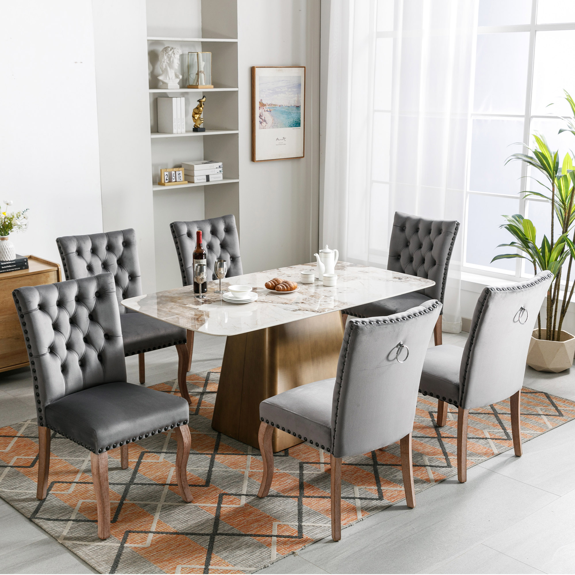 Sillas de comedor (sillas de cocina con respaldo simple, 6 piezas), patas de madera maciza, tapizado de terciopelo, color gris