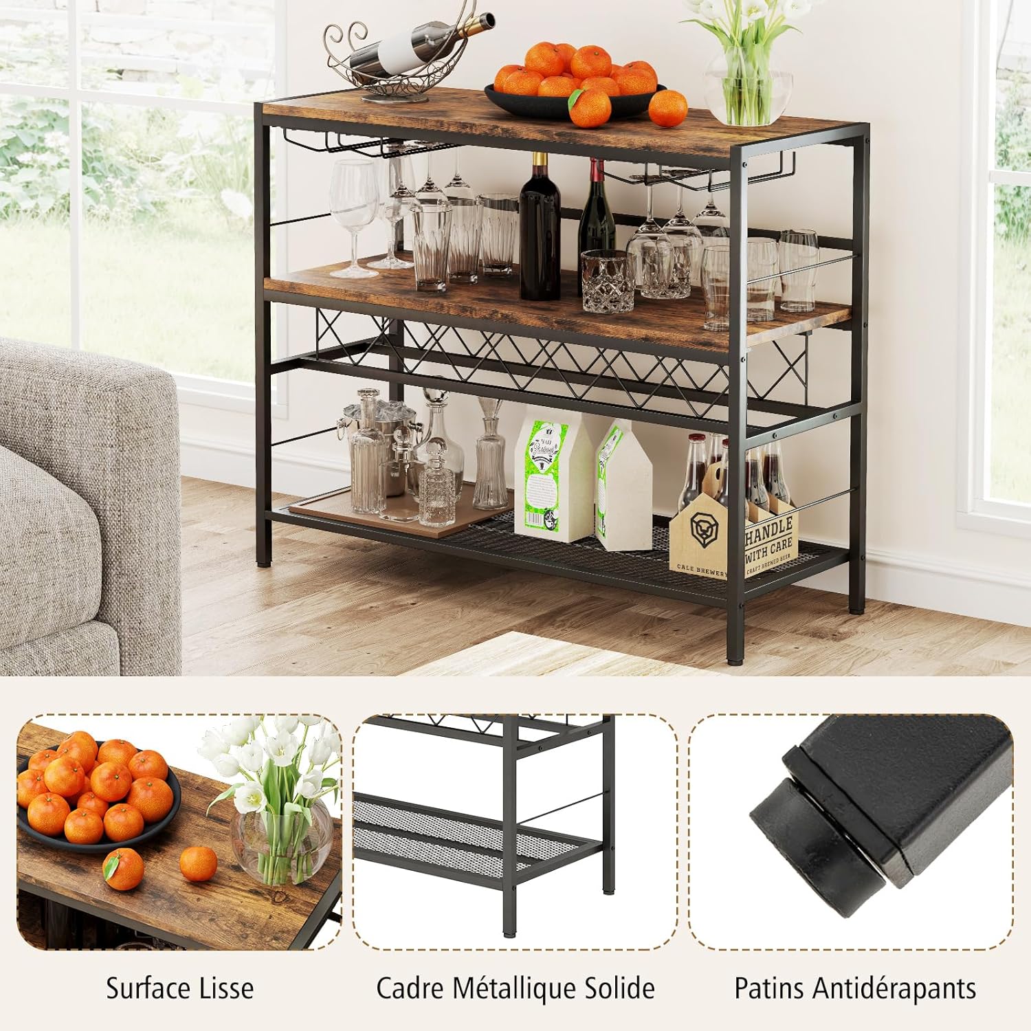 Mobile Portabottiglie di Vino e Calici da Terra, Scaffale Porta Vino su 3 Ripiani con Supporti per Bicchieri e Bottiglie, Tavolo Porta Vino da - 8