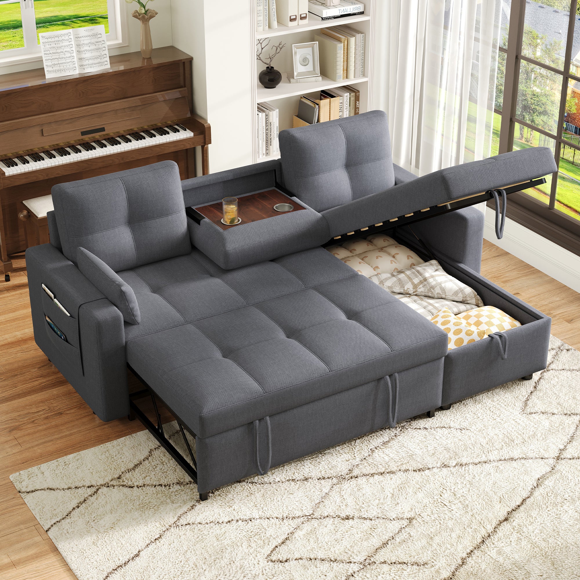 4-osobowa narożna sofa rozkładana z lnu - 205 x 139 x 87 cm - miejsce do przechowywania i uchwyt na kubek - z funkcją spania - Szary