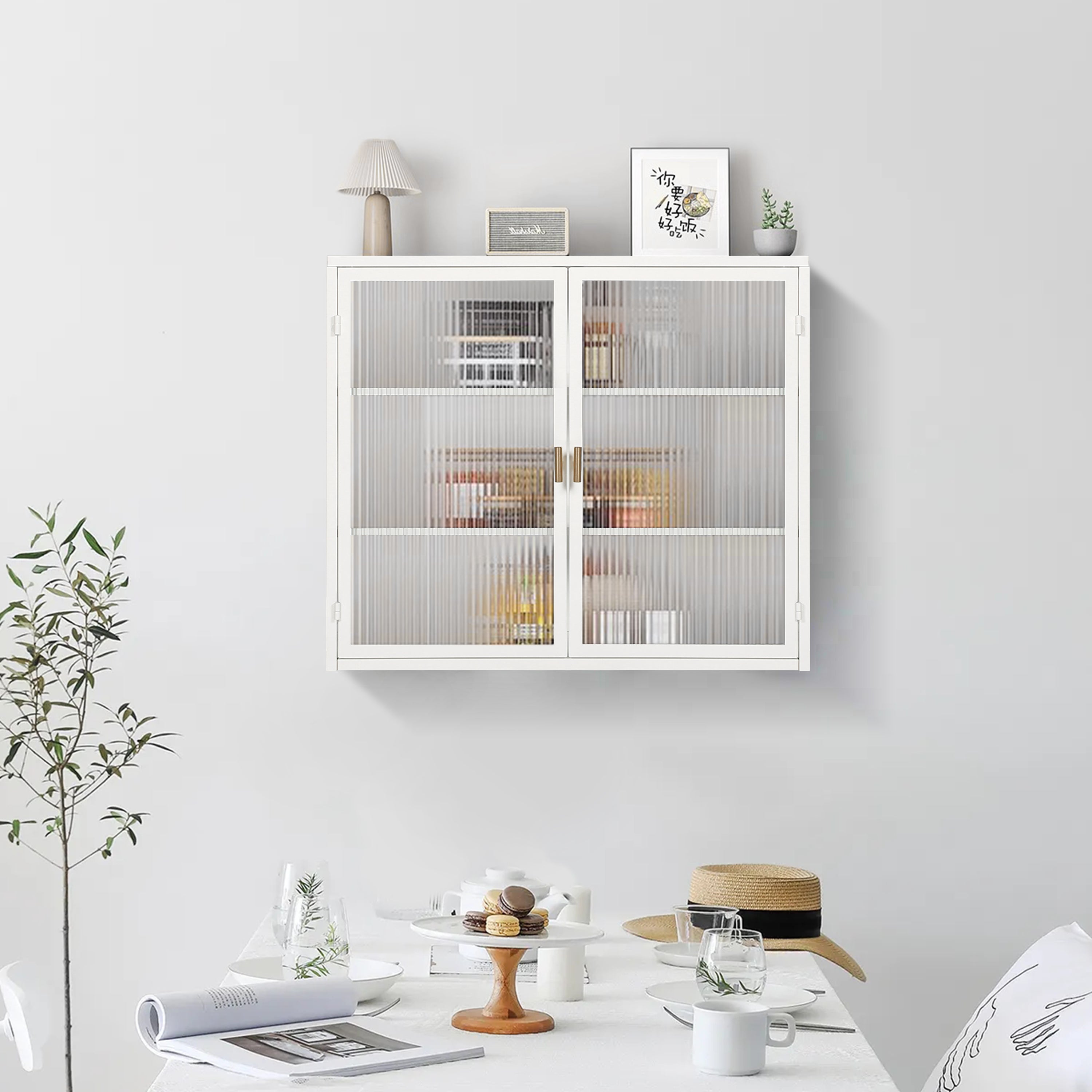 Meuble Haut Mural avec Portes Vitrées, 3 Étages de Rangement et Porte- Serviettes – Bois Naturel, 63 cm de Large – Des Histoires De Sieges