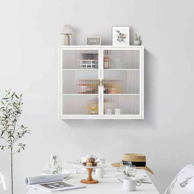 Meuble Haut Mural avec Portes Vitrées, 3 Étages de Rangement et Porte- Serviettes – Bois Naturel, 63 cm de Large – Des Histoires De Sieges Meuble Haut Mural avec Portes Vitrées, 3 Étages de Rangement et Porte- Serviettes – Bois Naturel, 63 cm de Large – Des Histoires De Sieges