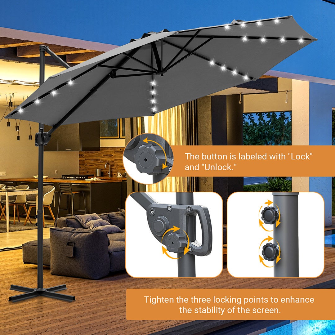 Parasol déporté gris 300 cm avec 28 LED solaires, rotation complète, inclinaison réglable, toile anti-UV UV50+ - 5