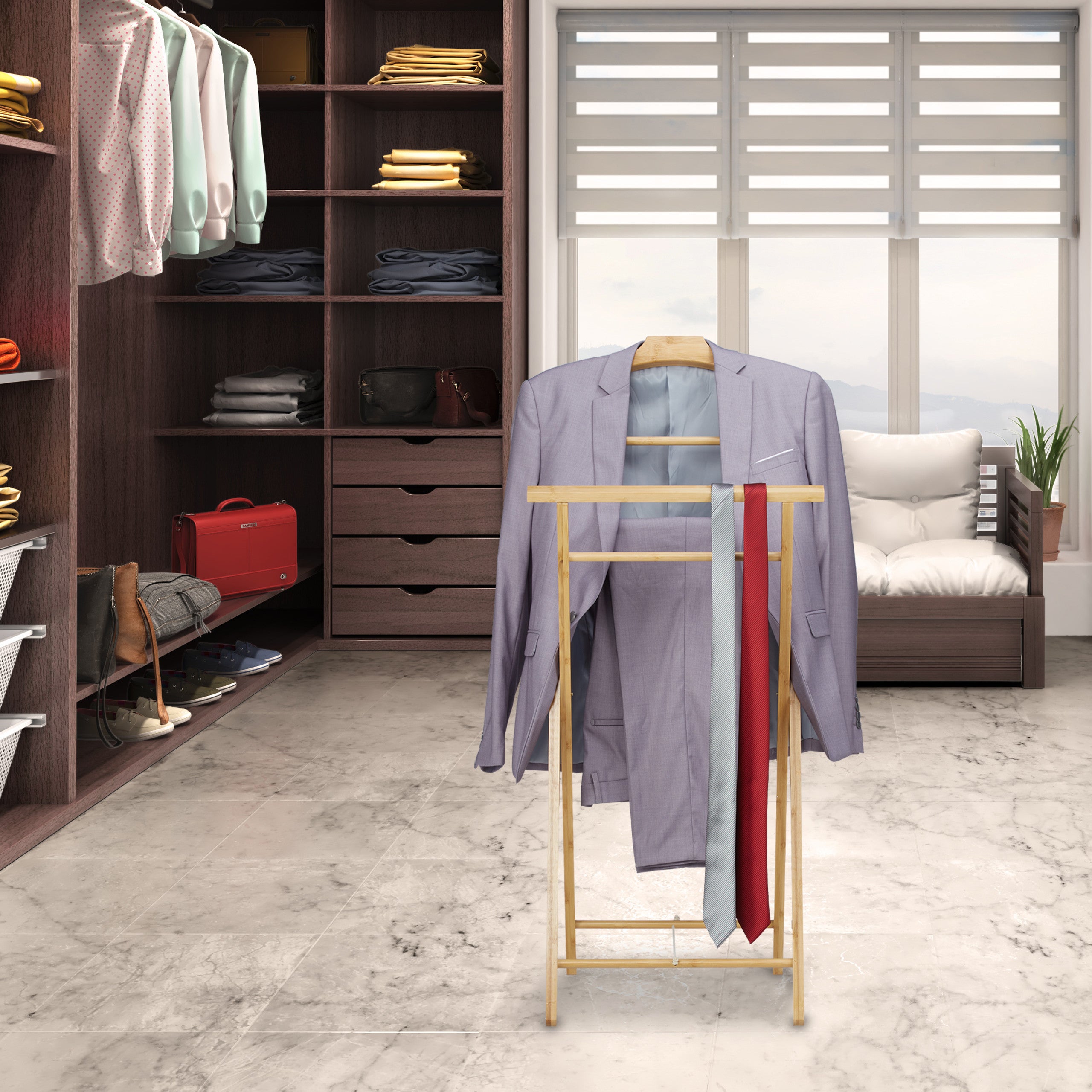 Relaxdays Appendiabiti Da Camera In Bambù, Servomuto Per Uomo E Donna Mobile Con Rotelline 107 X 47 X 37 Cm Naturale Metallo 1 Pz