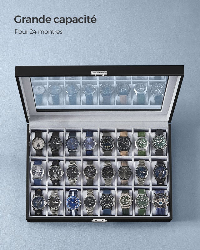 Boîte à Montres, Verrouillable, Écrin, Organisateur, avec 16 Compartiments, Couvercle en Verre, PU, Doublure en Gris et Surface en Noir d'Encre - 3