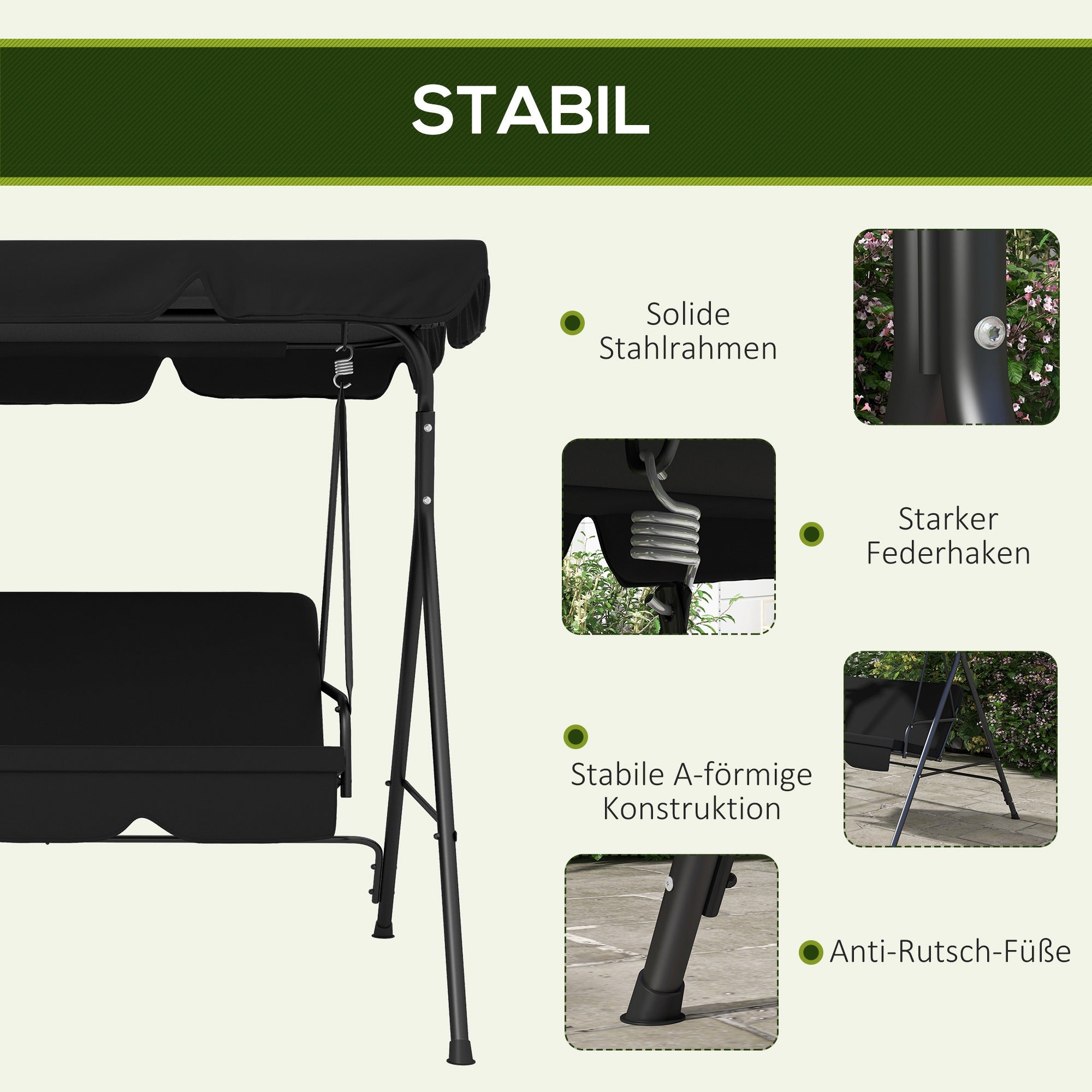 Balancelle de jardin 3 places avec toit réglable, construction en acier robuste, noire, 172 x 110 x 153 cm pour jardin et terrasse - 5