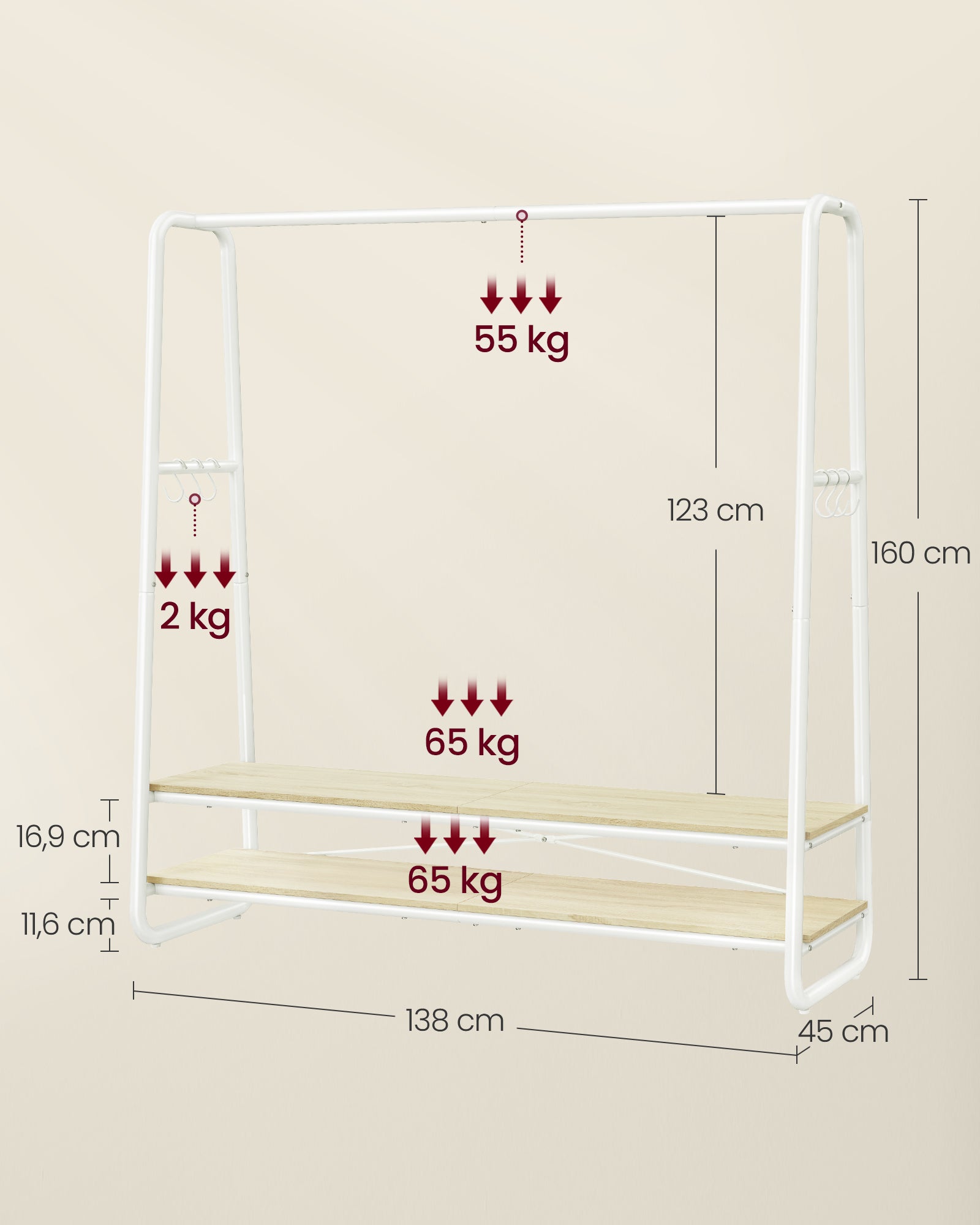 Portant à Vêtement, avec 2 Étagères, 6 Crochets en Forme de S, Cadre en Acier, 45 x 138 x 160 cm, Beige Naturel et Blanc Mat - 5