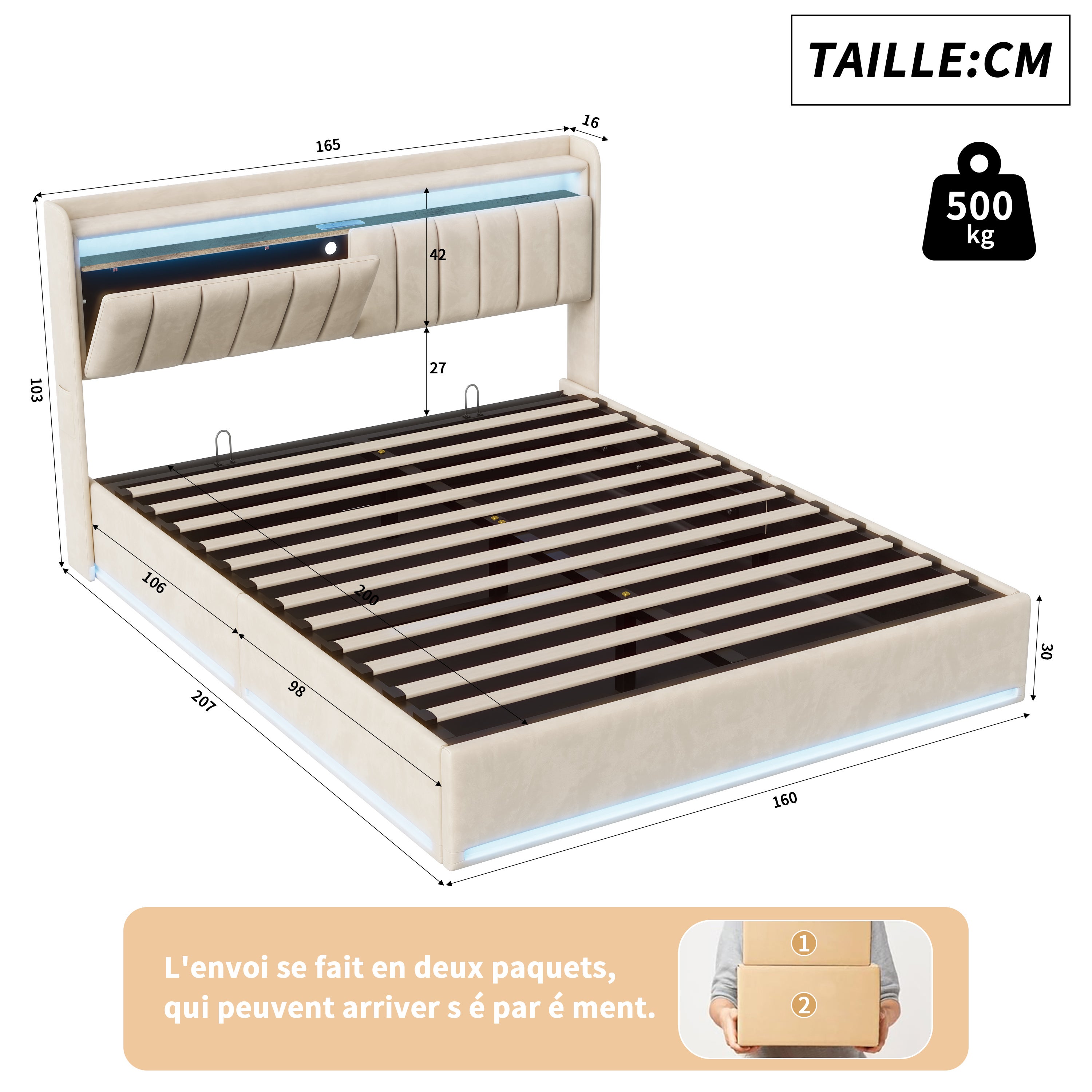 Lit coffre 160×200 cm avec tête de lit rangement, ports USB/Type-C et
