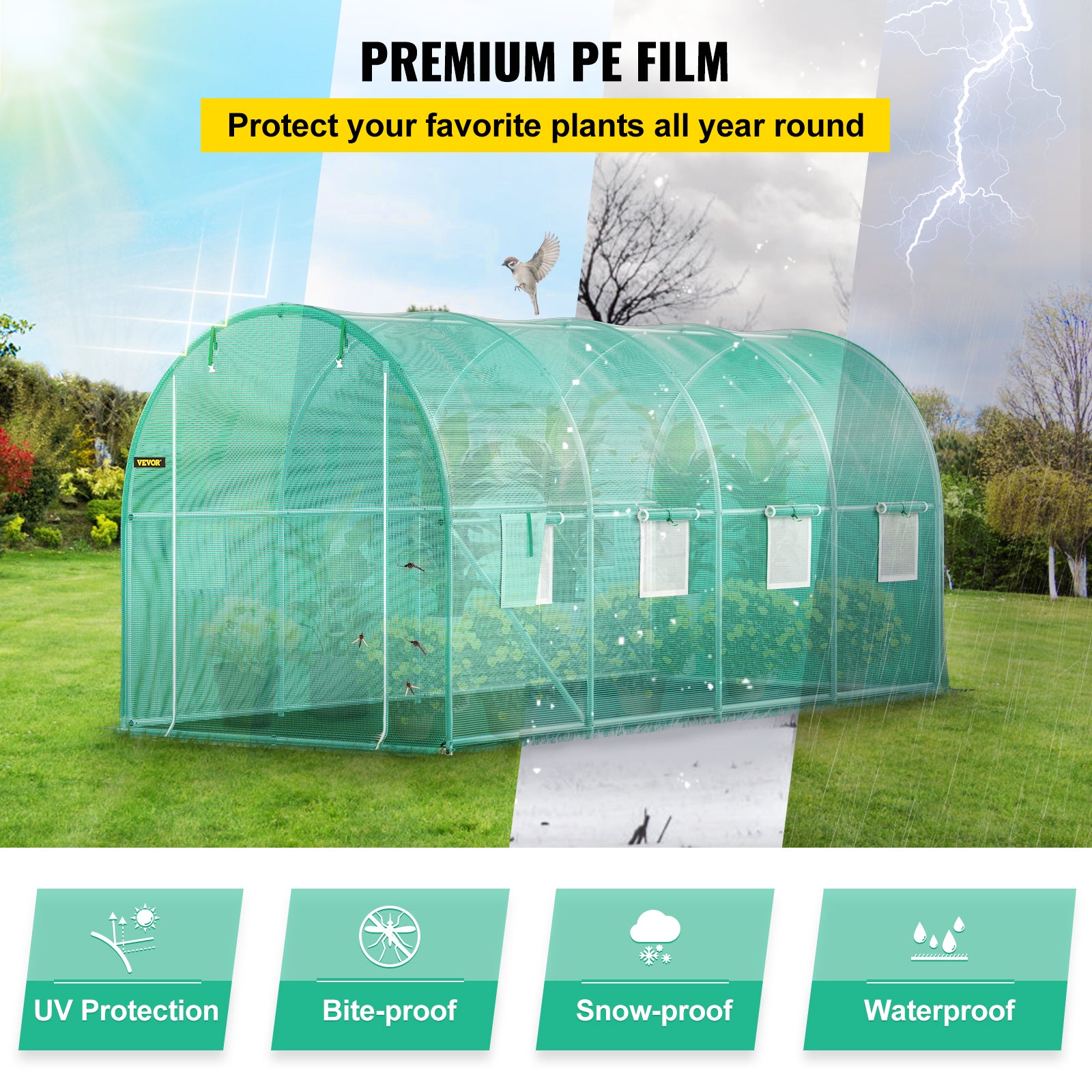Serre de Jardin Tunnel VEVOR 4,5x2x2 m Bâche PE Renforcée 140 g/m² Armature Acier Galvanisé 8 Ouvertures Latérales Porte Zippée Culture Extérieure - 4