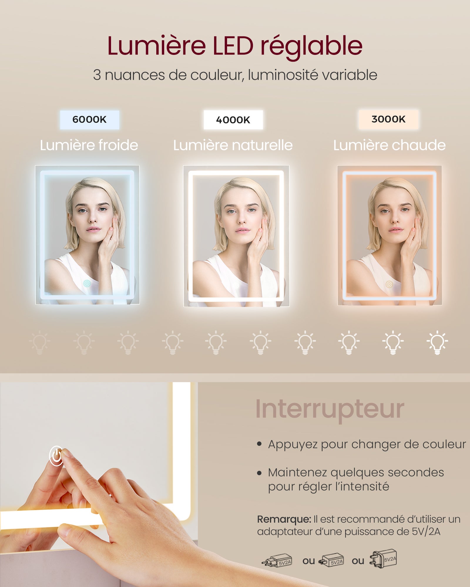 Coiffeuse avec Miroir LED, 3 Couleurs, 2 Tiroirs, Style Moderne, 90 x 40 x 144,7 cm, Étagère de Rangement, Blanc - 3
