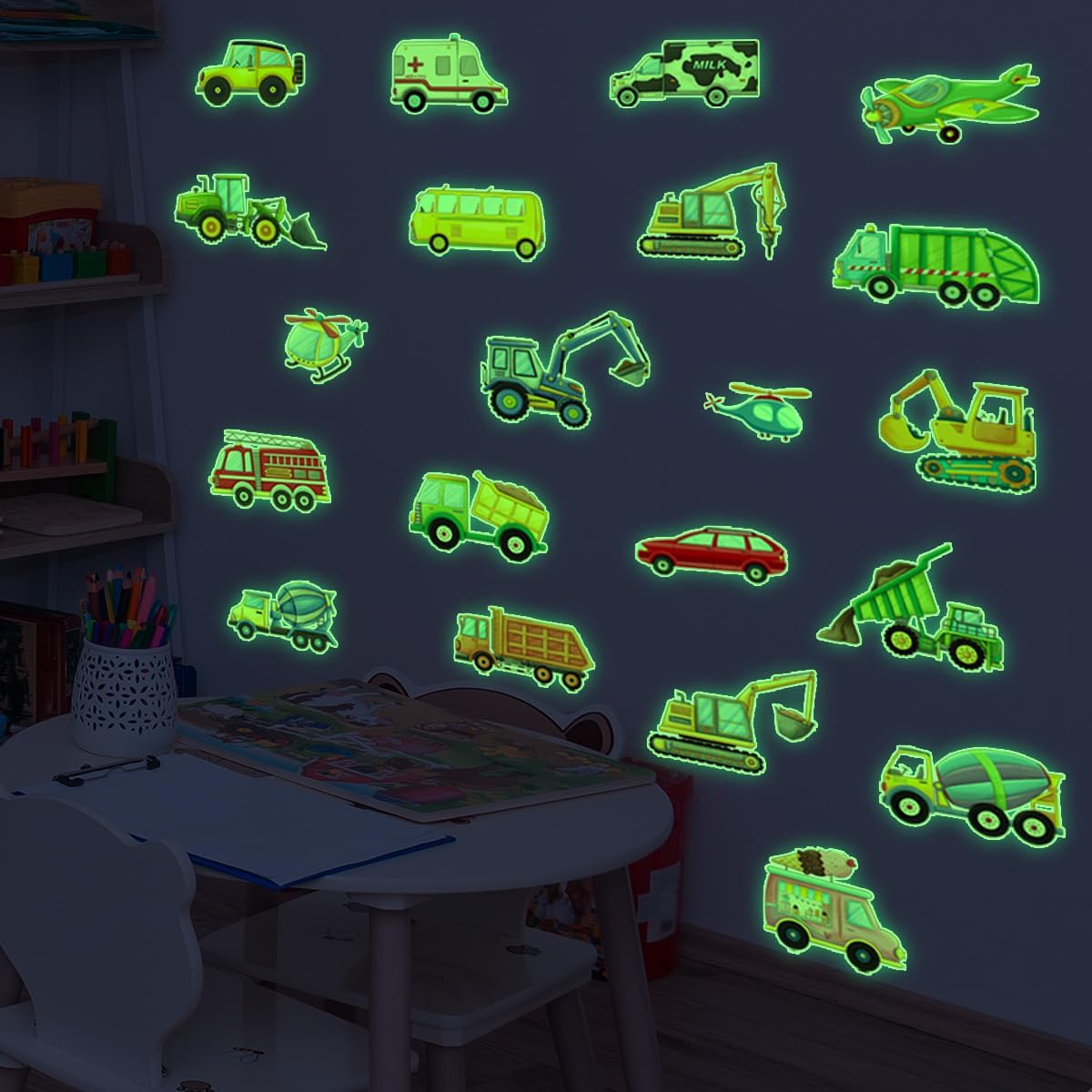 Naklejki ścienne z pojazdami świecącymi, fluorescencyjne naklejki ścienne na samochody, naklejki na pojazdy budowlane, naklejki ścienne na samochody o