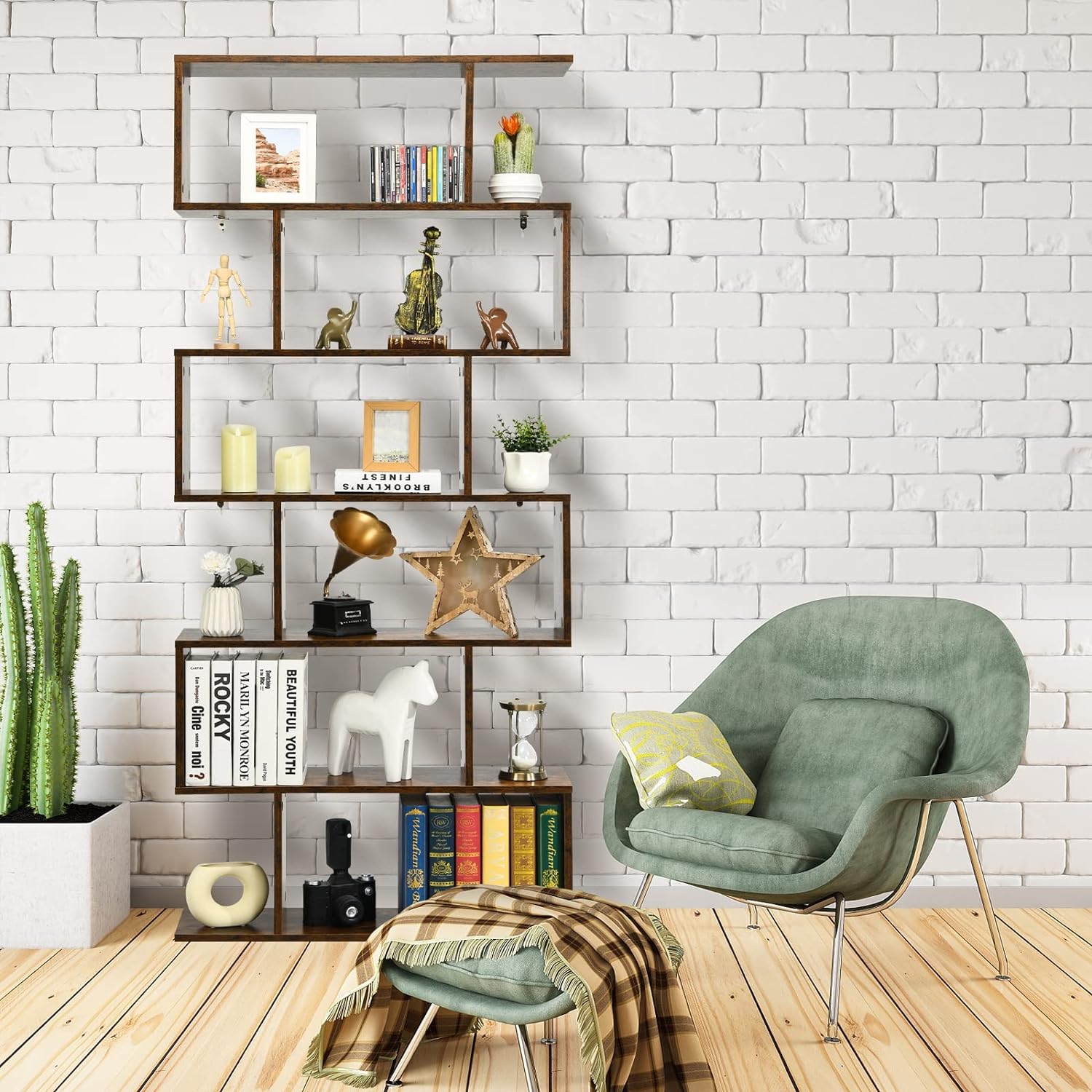 Bibliothèque en Forme S, 80 x 23 x 191 cm Étagère de Rangement à 6 Niveaux, Style Moderne Industriel avec Dispositif Anti-Basculemen, Café - 8