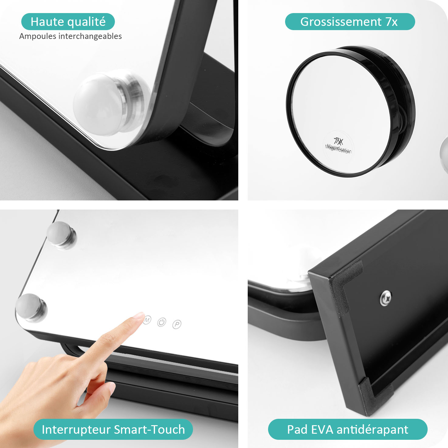 Specchio Da Trucco Illuminato Hollywood Vanity - Luci LED Smart Touch, Regolabile 30,5 Cm - Nero