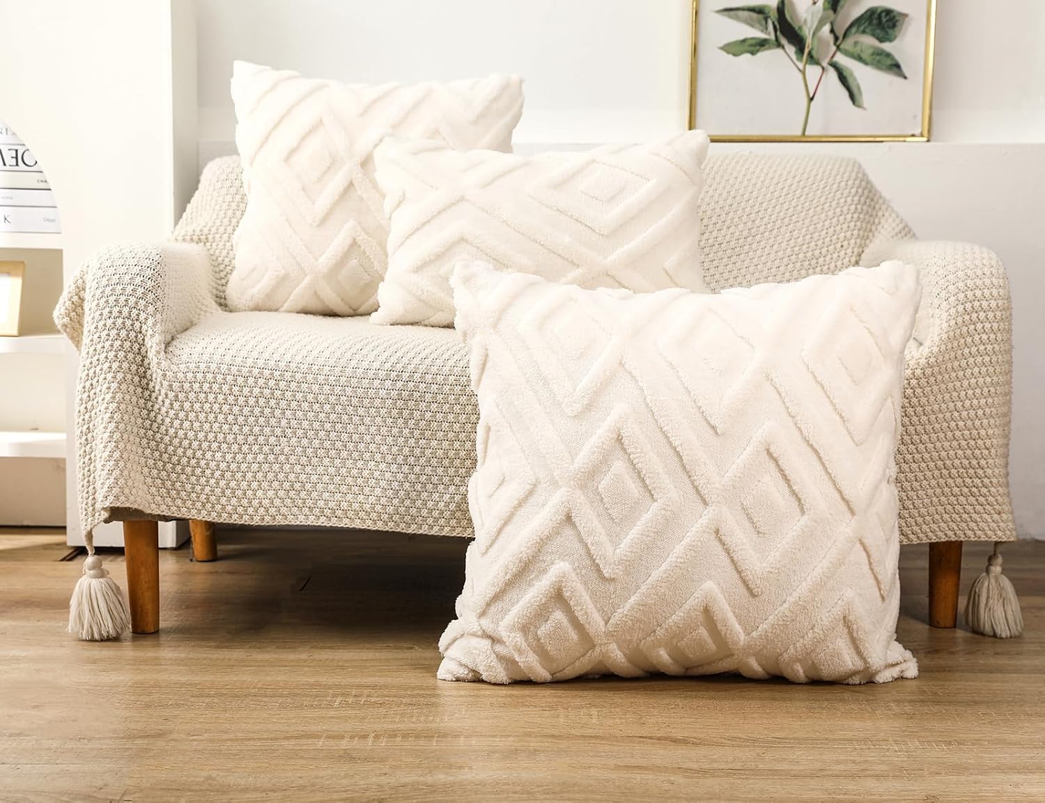 Housse de coussin beige - motif à carreaux doux, style bohème - convient pour le salon, la chambre, etc. - Lot de 2, 30×50 cm - 3