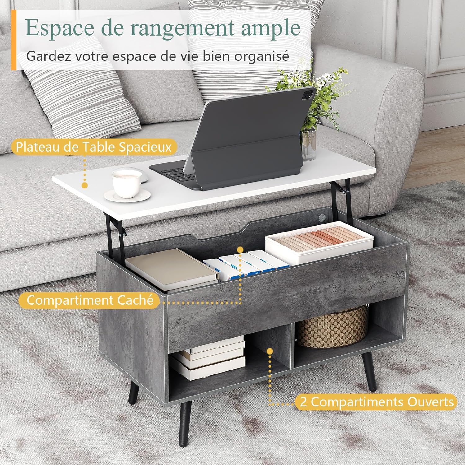 Tavolino Salotto Sollevabile in Legno, Tavolino da Caffè con Scomparto Nascosto e 2 Scaffali Aperti, Tavolino Basso e Modern per Soggiorno, Sa - 4