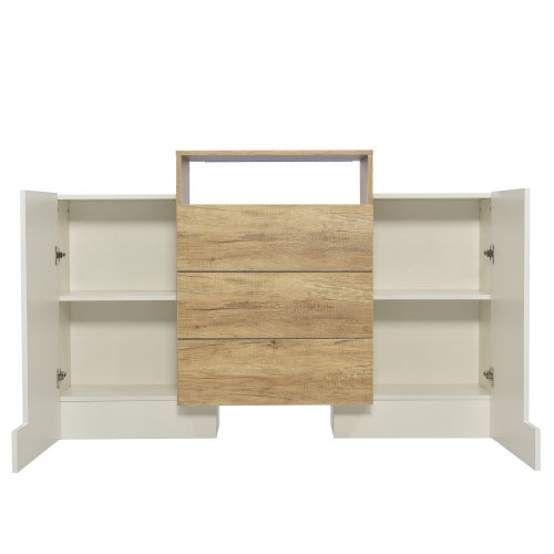 Aparador/cajonera de 140 cm de ancho, en blanco brillante y chapa de madera, con iluminación led multicolor. una elegante solución de almacenamiento.
