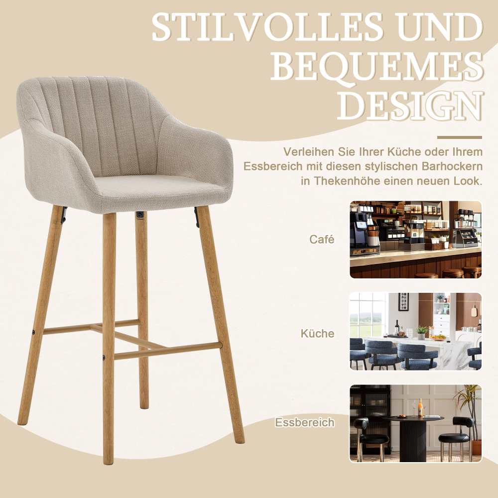 Tabouret de bar moderne vert en lin avec dossier haut et accoudoirs, pieds en bois, lot de 2, style européen pour cuisine ou îlot - 4
