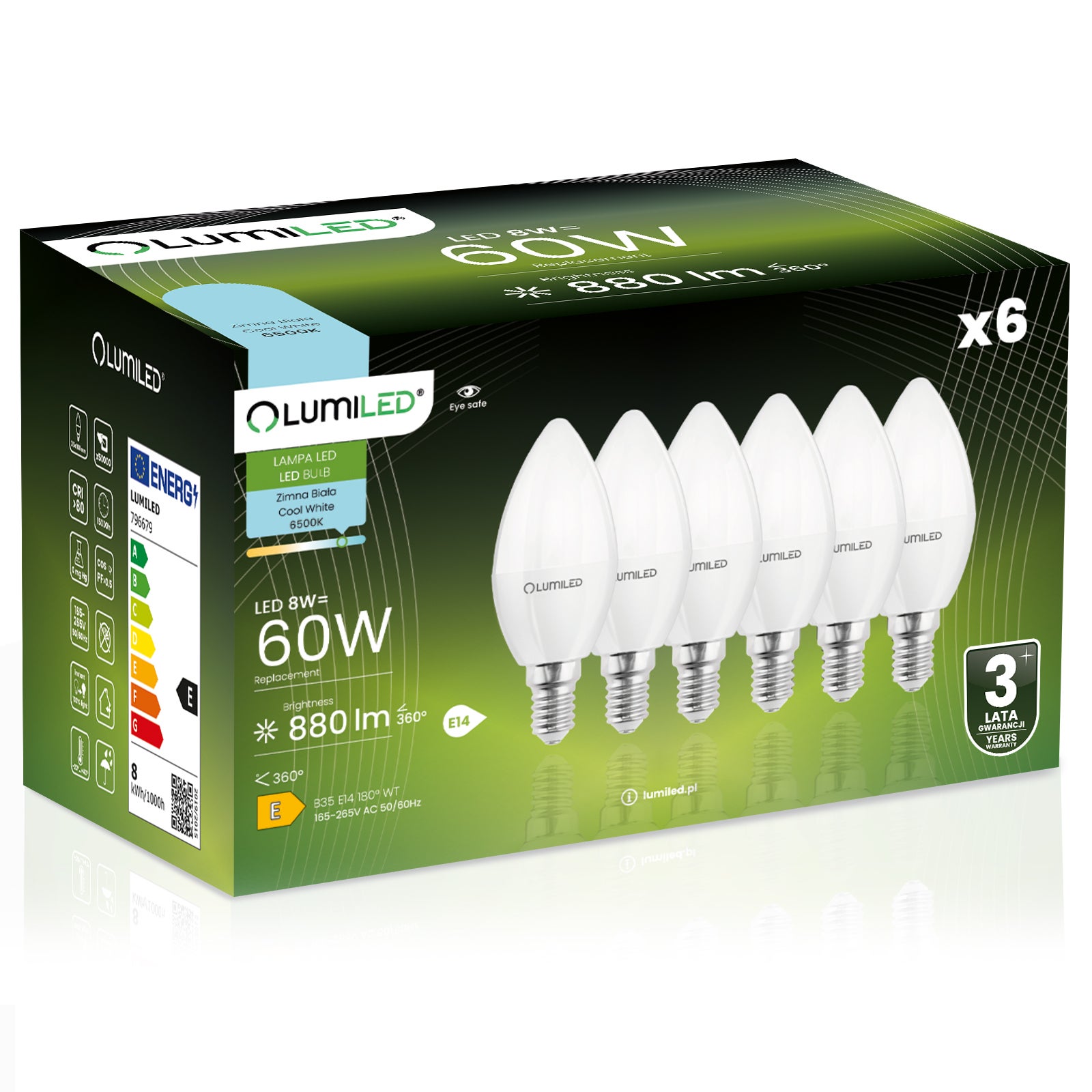 Żarówka LED Lumiled E14 Świeczka B35 8W 880lm 6500K Zimna biel 180st 6 szt.