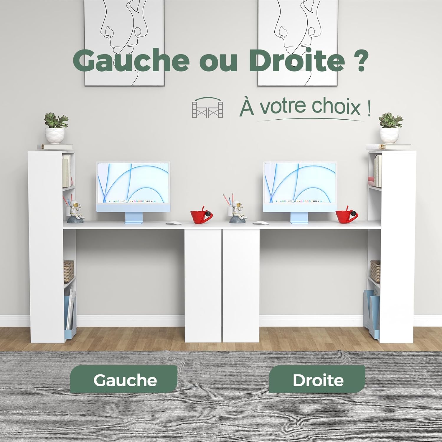 Bureau d'Ordinateur Réversible avec Bibliothèque,Assemblage Facile, pour Maison, Bureaux (Blanc) - 3