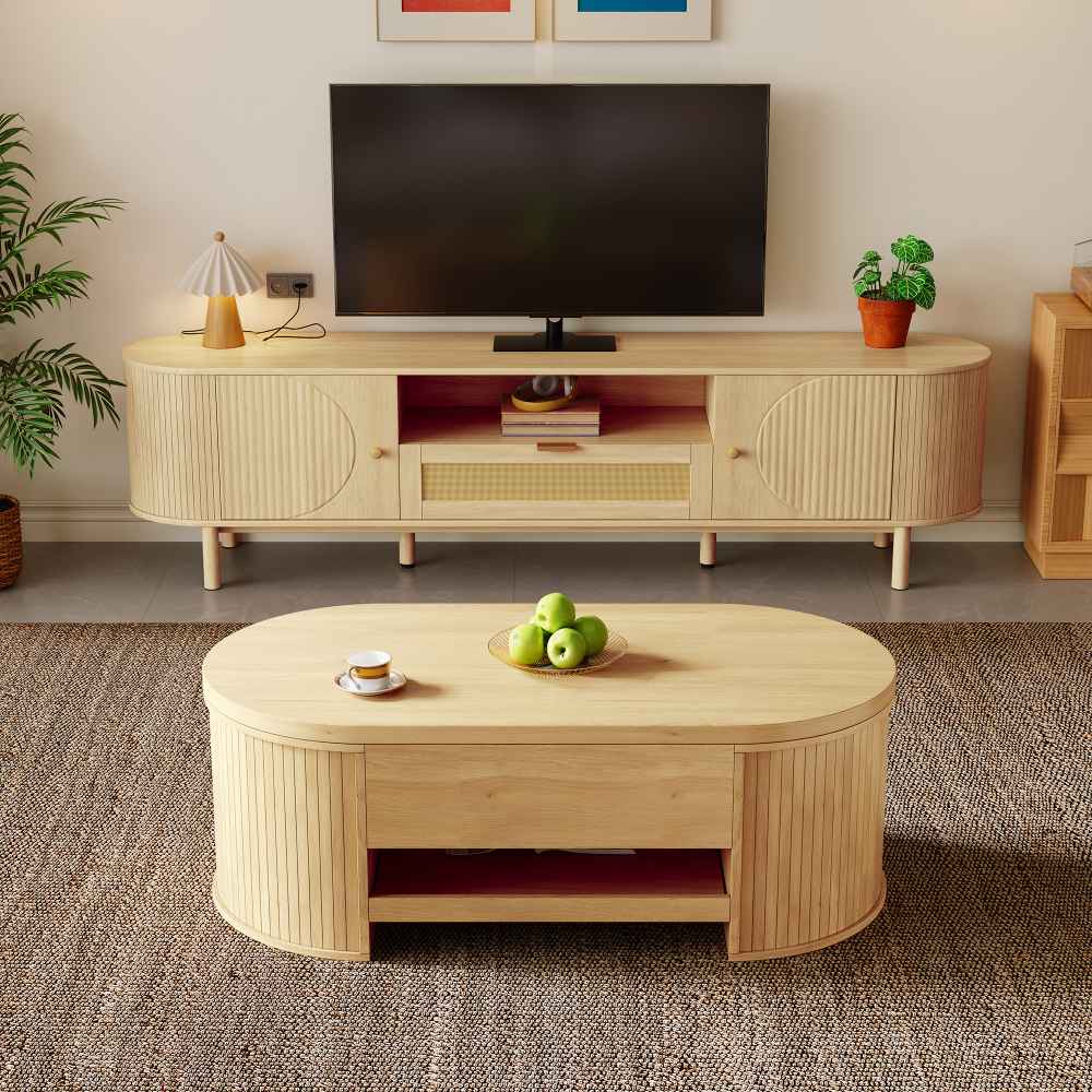 Ensemble salon avec table basse relevable et meuble TV, design moderne, rangements, bords arrondis, vendus séparément - 4
