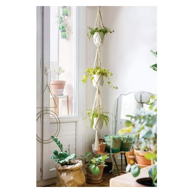 3-poziomowa wisząca doniczka makrama do użytku wewnątrz i na zewnątrz, z bawełnianą liną i koralikami, 177 cm