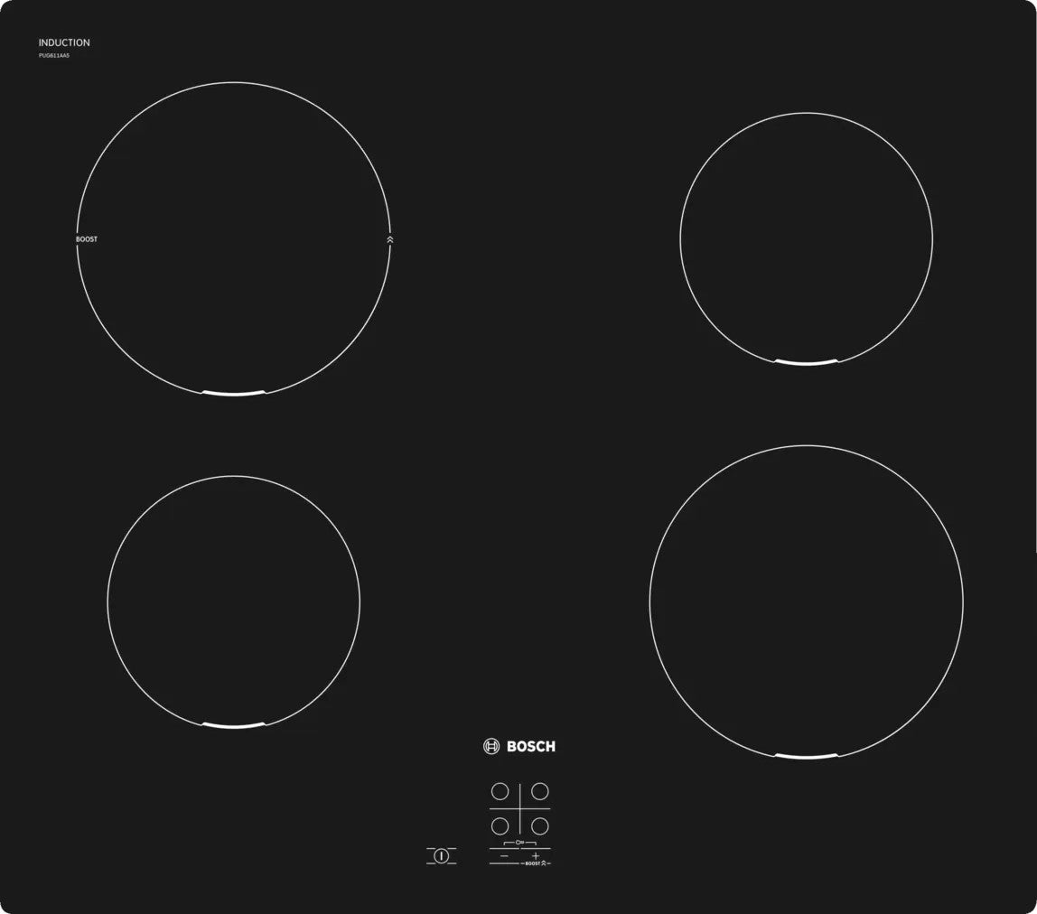 Table de cuisson à induction Bosch série 2 PUG611AA5E à surface plane, quatre brûleurs, noir - 2