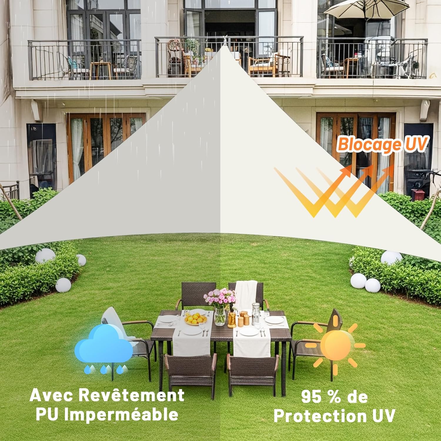 Voile d'ombrage Triangulaire Imperméable 3x3x3m Toile Ombrage PES avec 95% UV Protection pour Patio Extérieur Jardin Terrasse, beige - 3