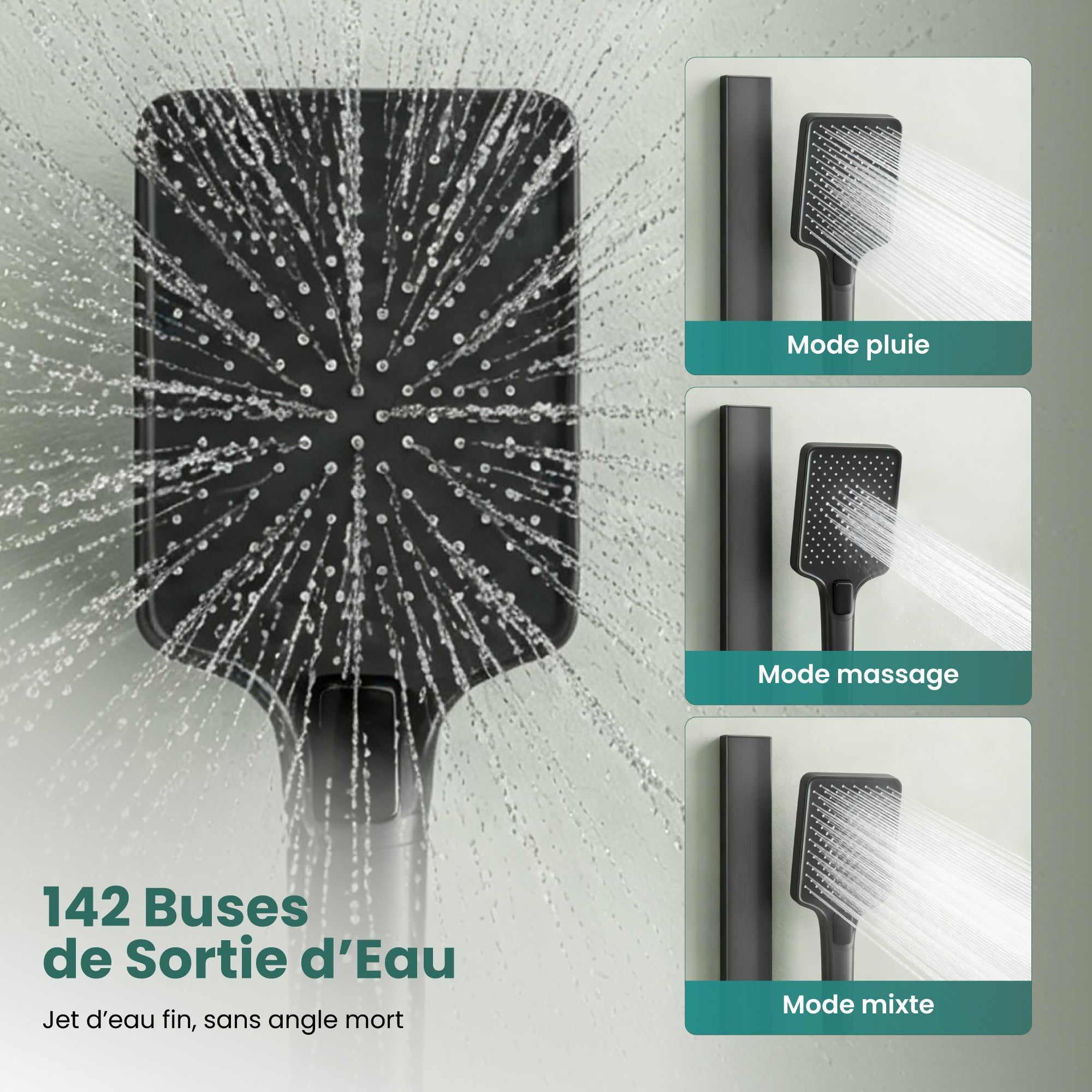 Mai & Mai Ensemble de Douche Mural Mitigeur Pommeau de Douche Gris Réglable en Hauteur 3 Modes de Jets Arvexa-02 - 3
