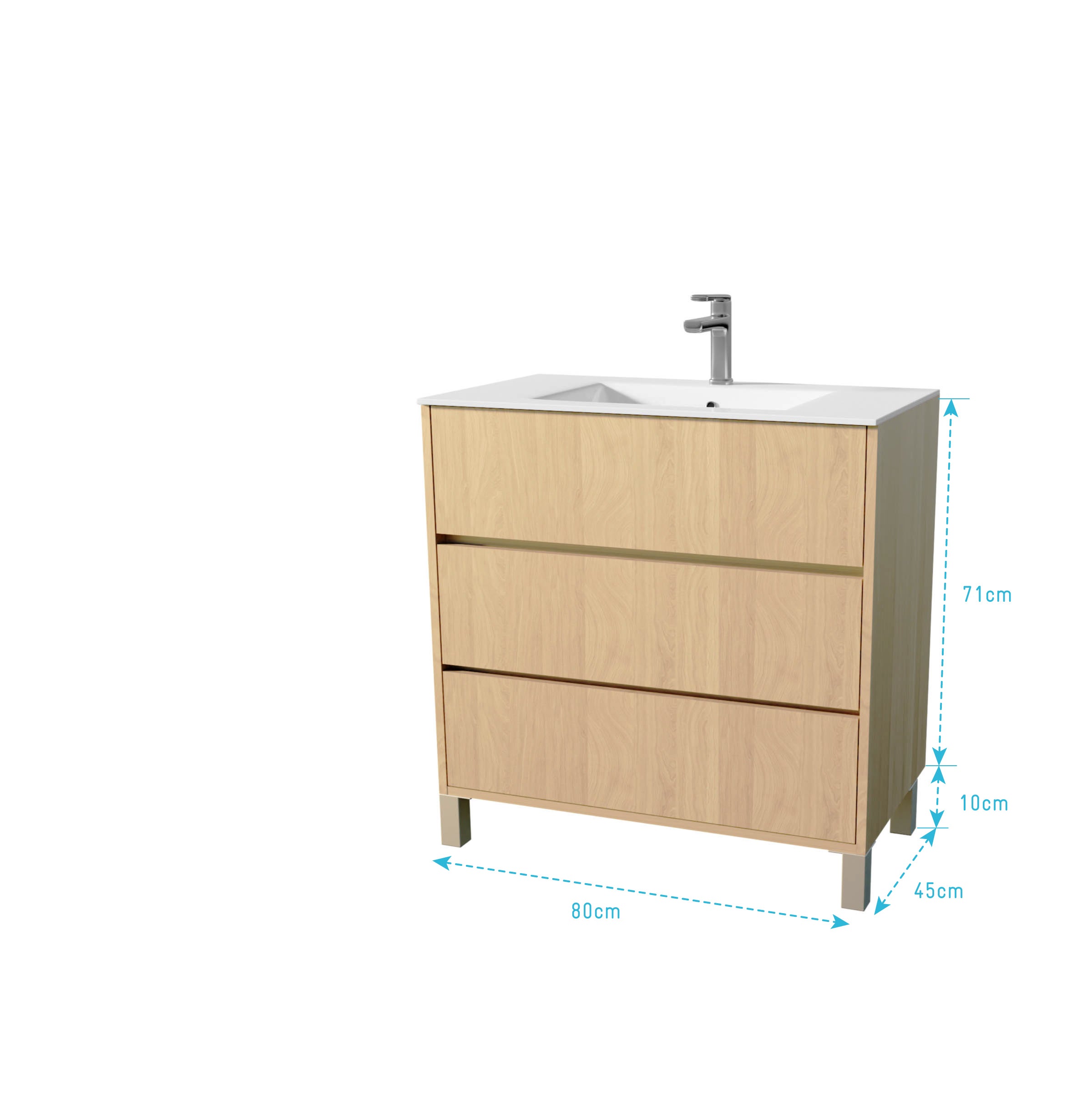 Pack Meuble Salle de Bains 80 cm Chêne Clair, 3 tiroirs avec Vasque Céramique - XENOS - 5