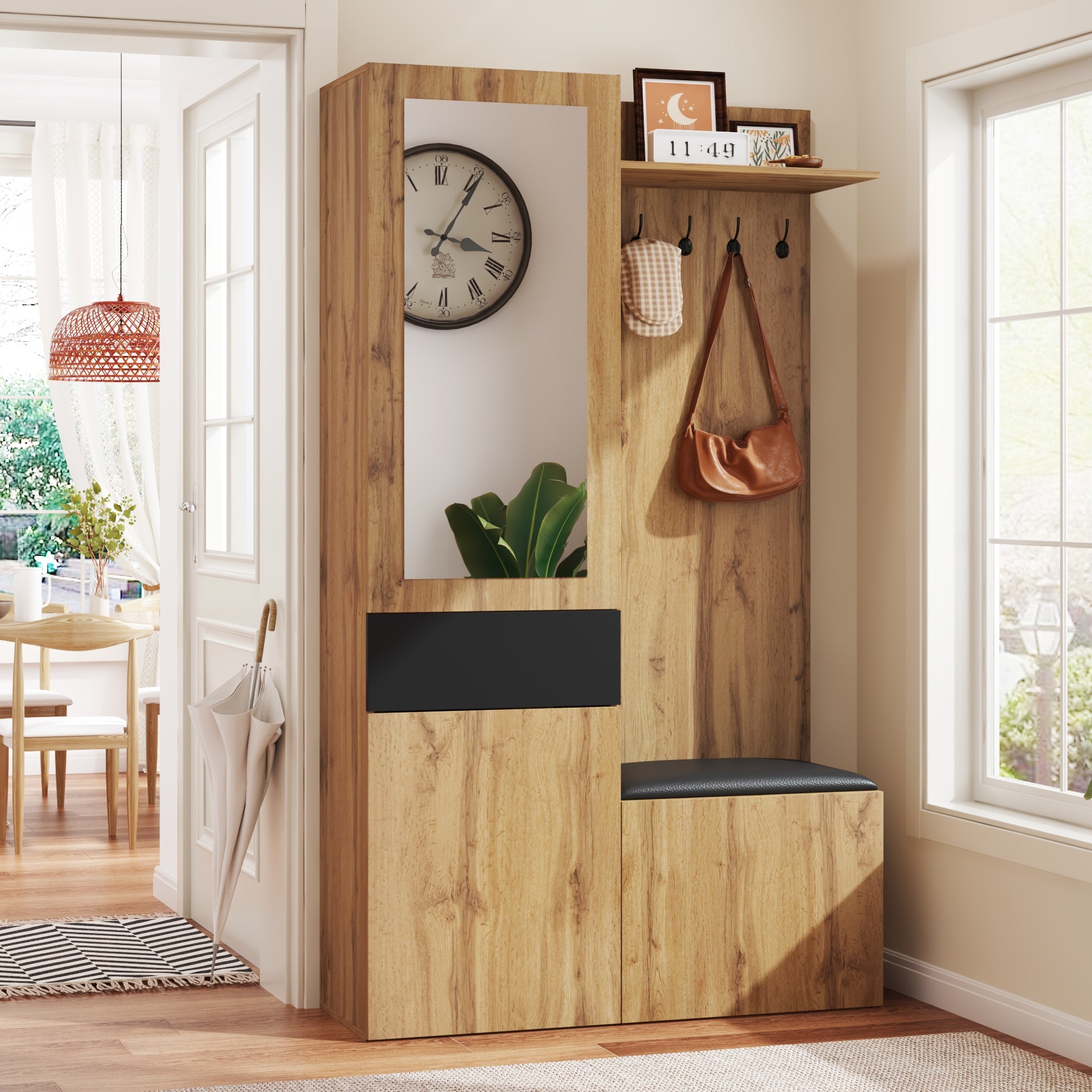 Ensemble de garde-robe avec 5 patères, miroir, meuble à chaussures, armoire intégrée avec étagères supérieures, tiroirs, compartiments de rangement - 7