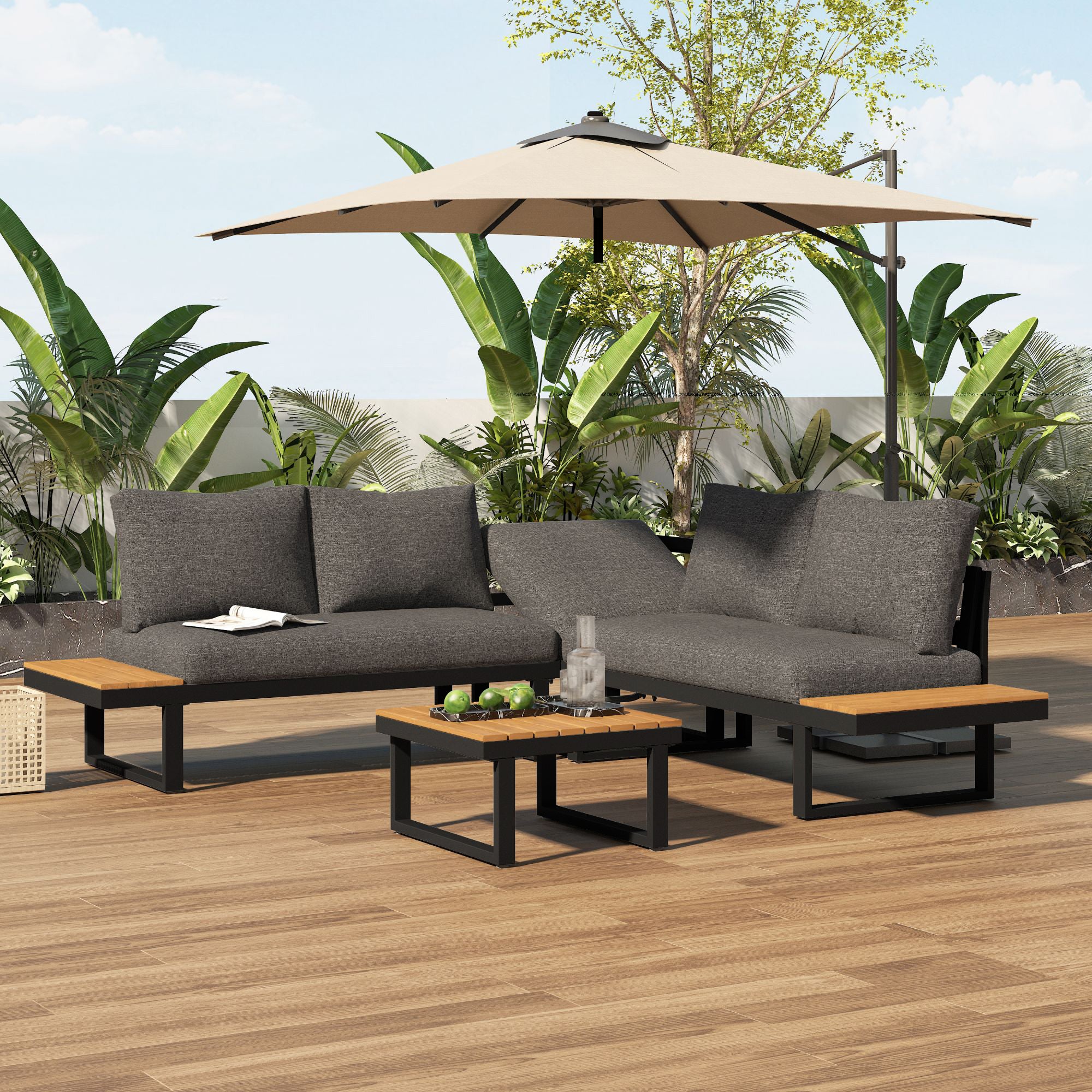 Ensemble de jardin d'angleavec fonction d'inclinaison réglable (5 niveaux réglables, jusqu'à 55°) et table basse, Gris + Noir - 6