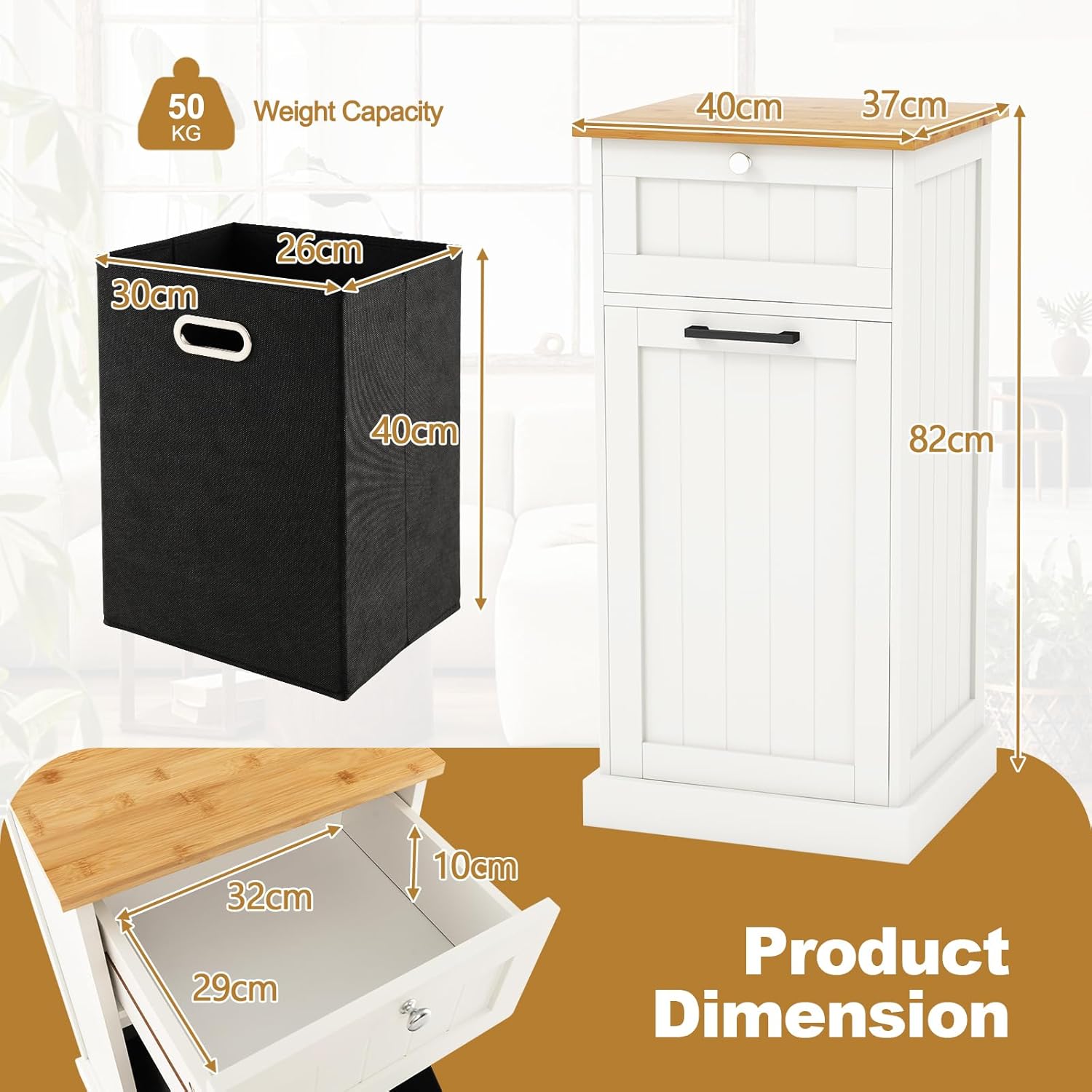Meuble Salle de Bain avec Panier à Linge, avec Tiroir, Armoire Inclinable & Panier à Linge 38L avec Poignée Portable, 40x37x82 cm (Blanc) - 3