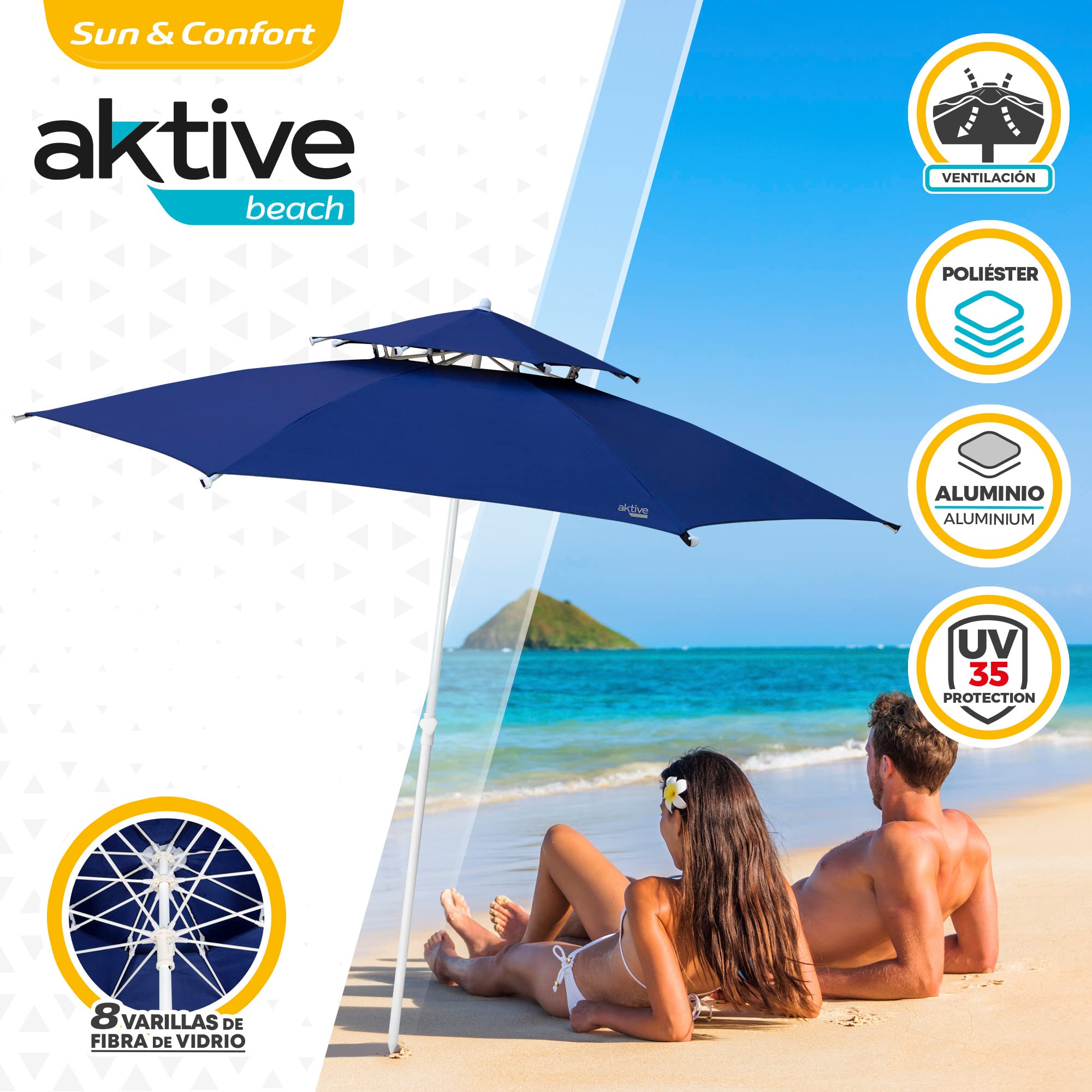 Aktive Sombrilla playa grande antiviento 8 varillas 280 cm azul - 8