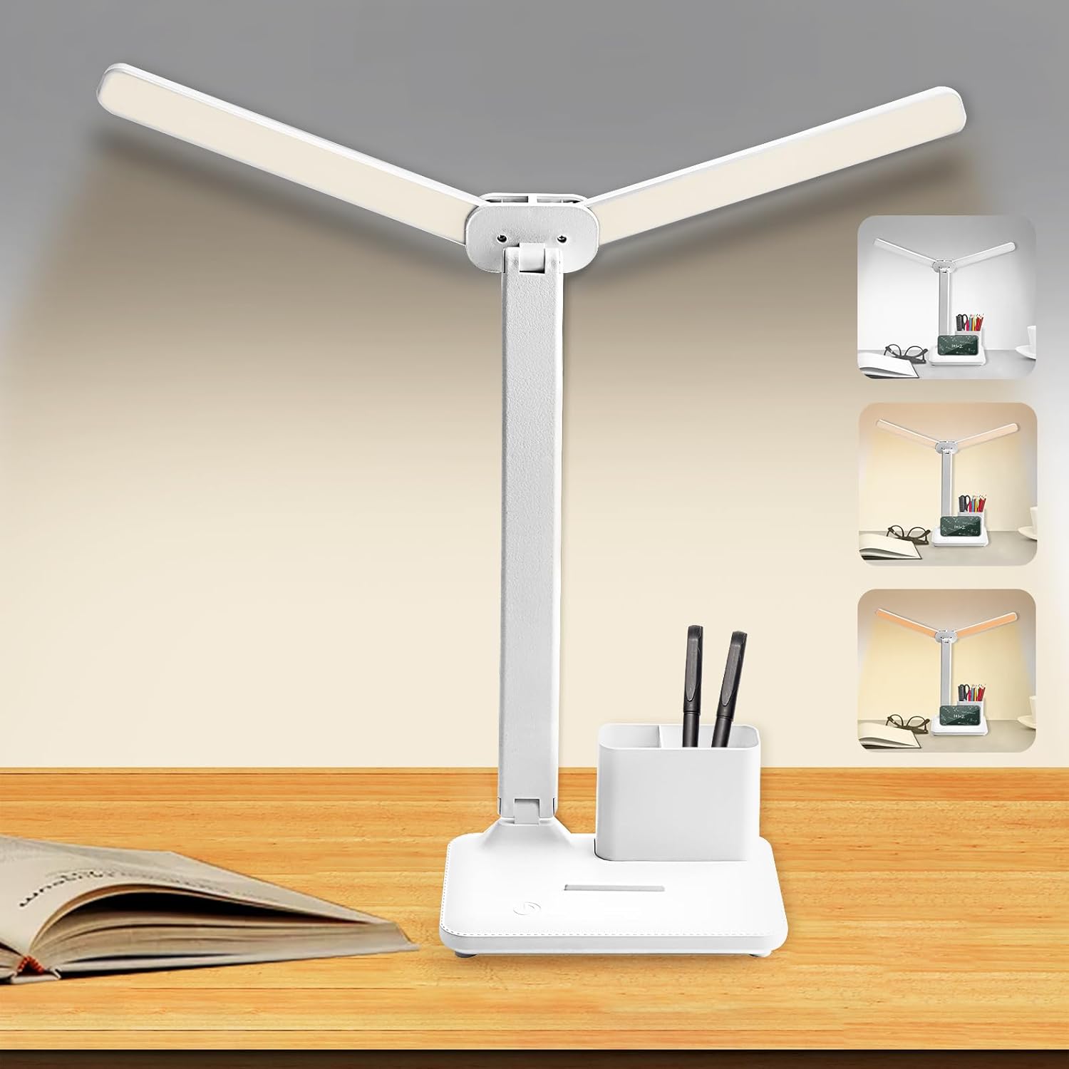 Lampa biurkowa LED z podwójną głowicą, 3 tryby, 40 diod LED, USB, biała, 12W - Idealna do nauki, czytania i pracy