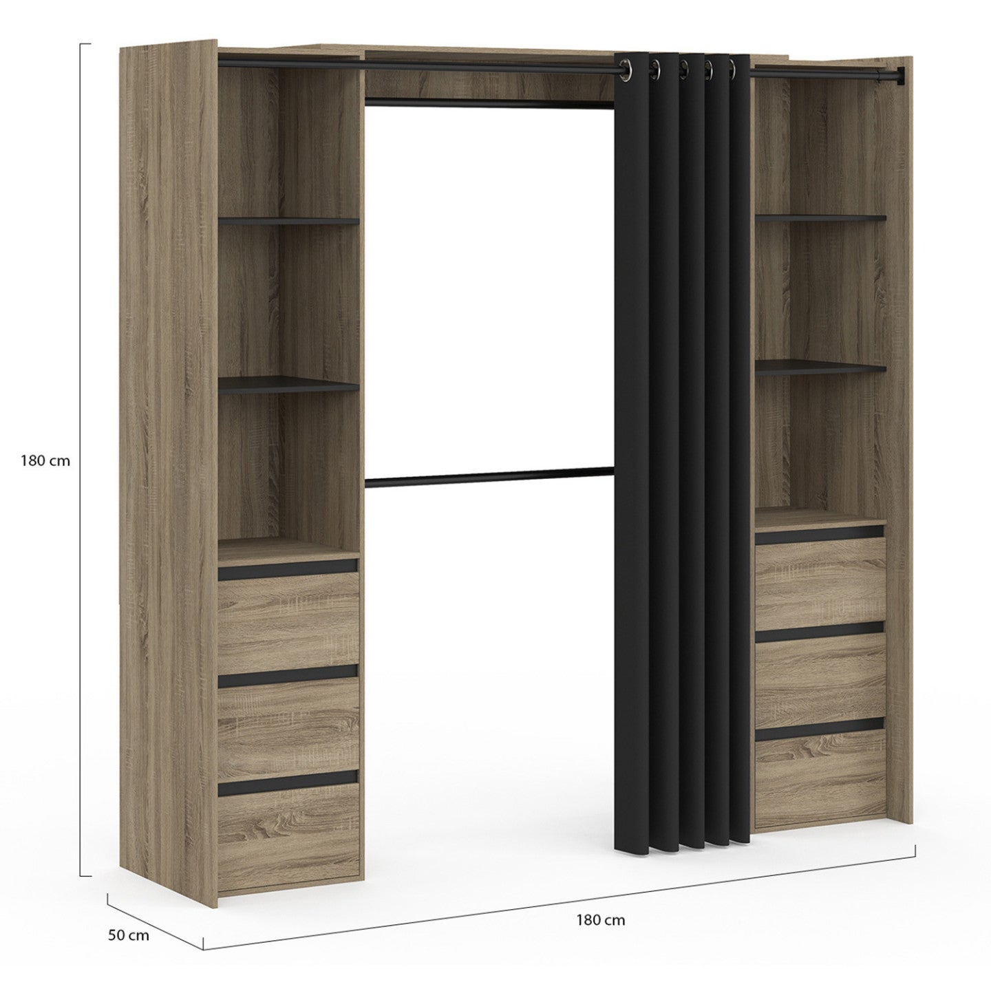 Dressing extensible double MERYL 120/180 cm hêtre avec 6 tiroirs + étagères + double penderie + rideau noir - 4