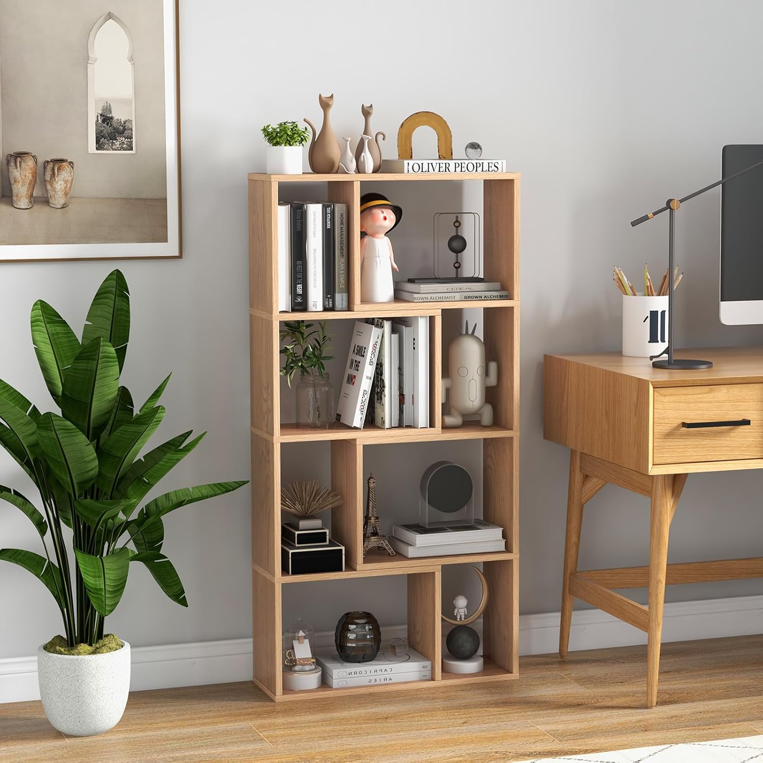 Libreria geometrica in legno, mensola aperta con 8 cubi, scaffale portaoggetti, per camera da letto, 60x20x120 cm (naturale) - 7