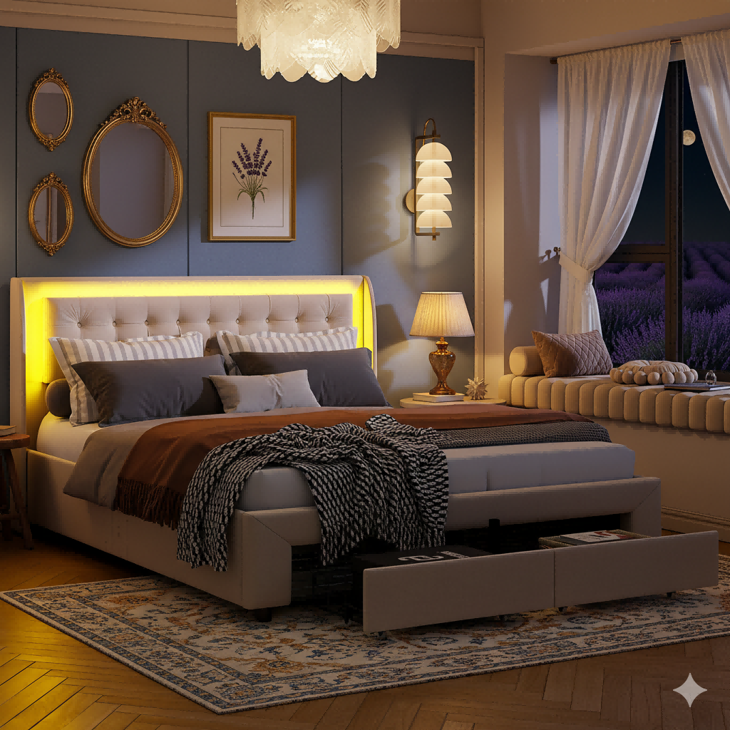 Lit coffre 160x200cm avec 2 tiroirs - lit double avec sommier à lattes et tête de lit LED - moderne et classique - velours beige - 6