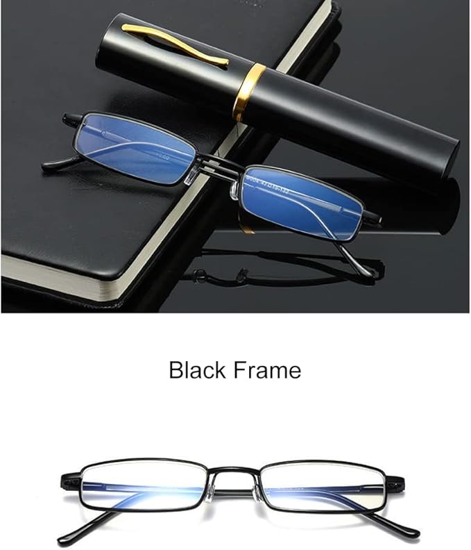 Składane metalowe mini okulary do czytania, zawiasy sprężynowe, unisex, z etui, moc +2.0, praktyczne i lekkie