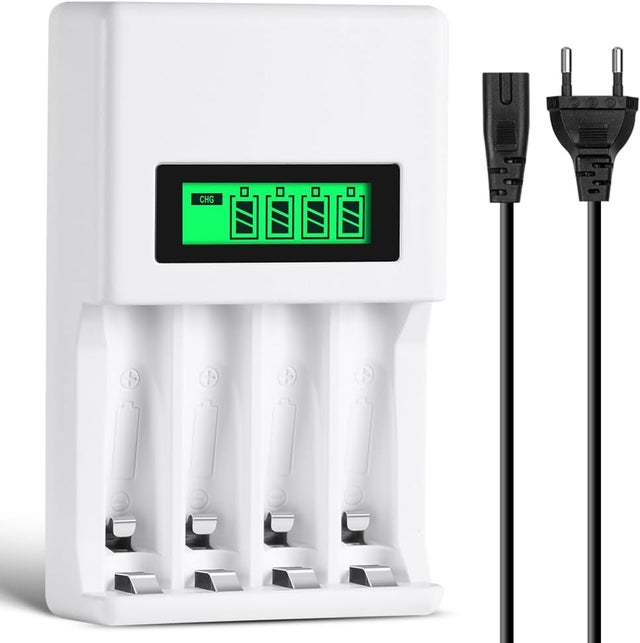 Chargeur de Piles, Chargeur Piles Rechargeable Charge, Chargeurs de Pile-s AA et AAA 4 Slots, Chargeurs d-e numérique et Intelligent, Char-ge Rapide