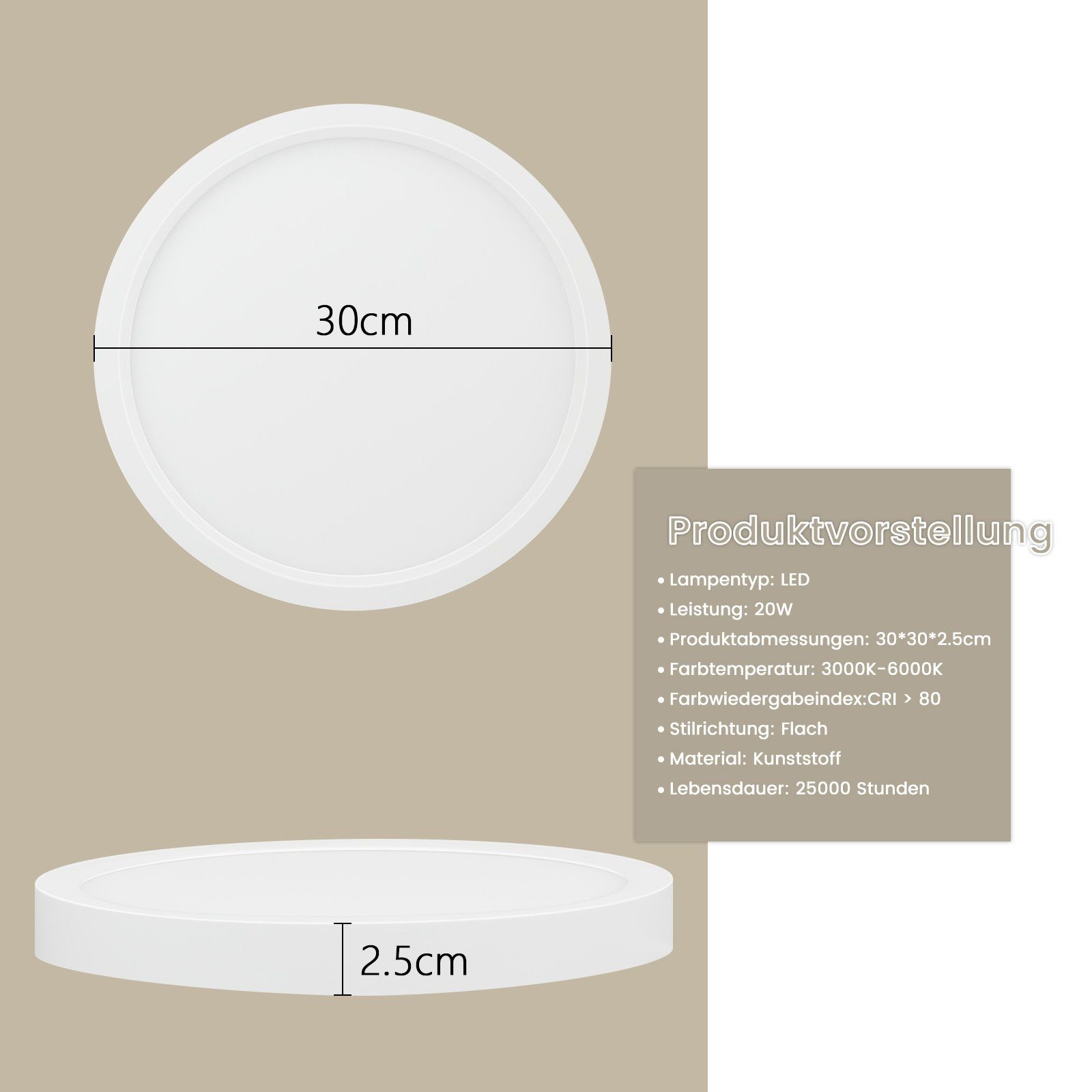 NETTLIFE Plafonnier LED Dimmable - 30x30 cm Lampe ronde plate IP44 Plafonnier étanche 20 W avec télécommande pour Salon Chambre Salle de bain - 7
