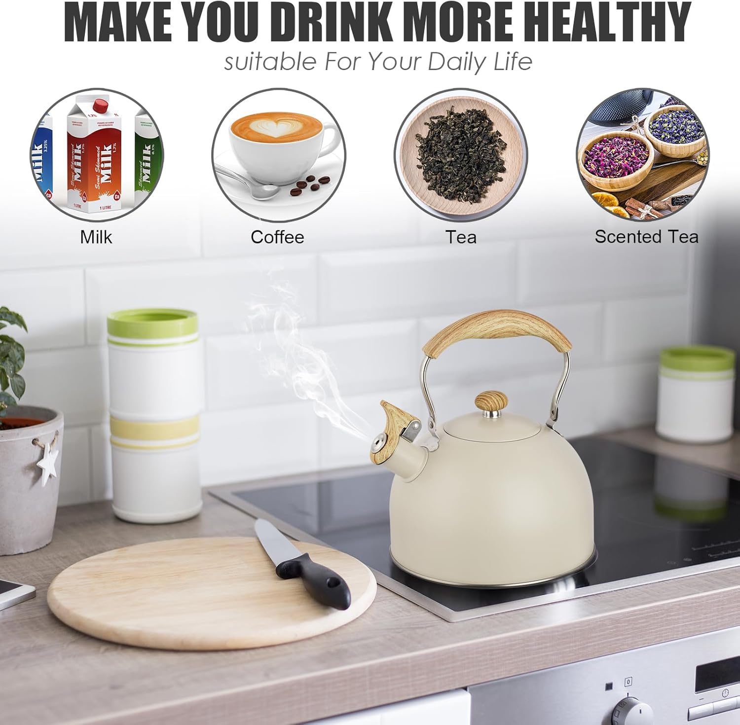Bouilloire sifflante en acier inoxydable de 2,5 L avec poignée en bois, compatible avec cuisinière à gaz et à induction (beige) - 2