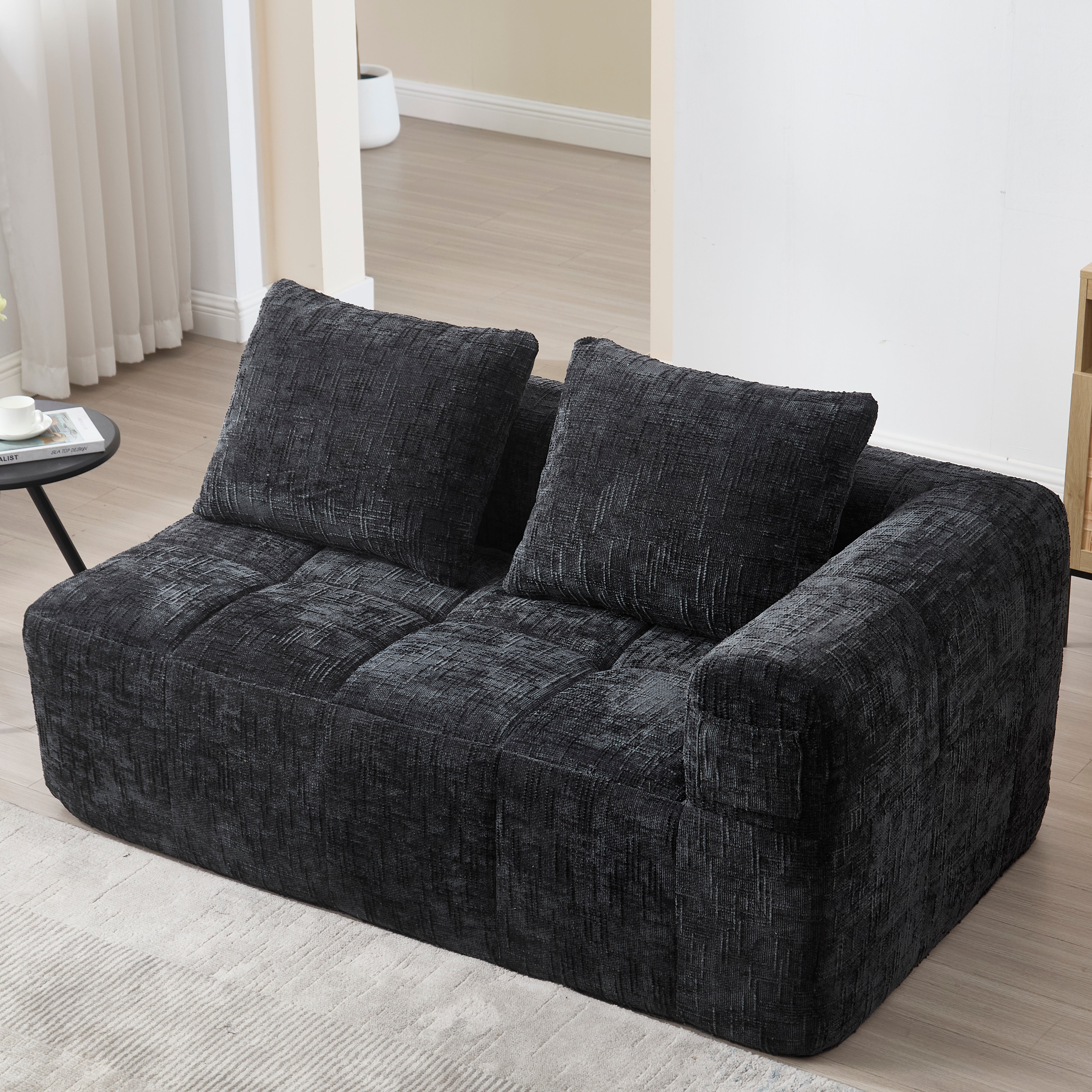 Sofa 2-osobowa z 2 poduszkami i kieszenią boczną - 158 x 90 x 60 cm - Tkanina szenilowa - Kolor czarny