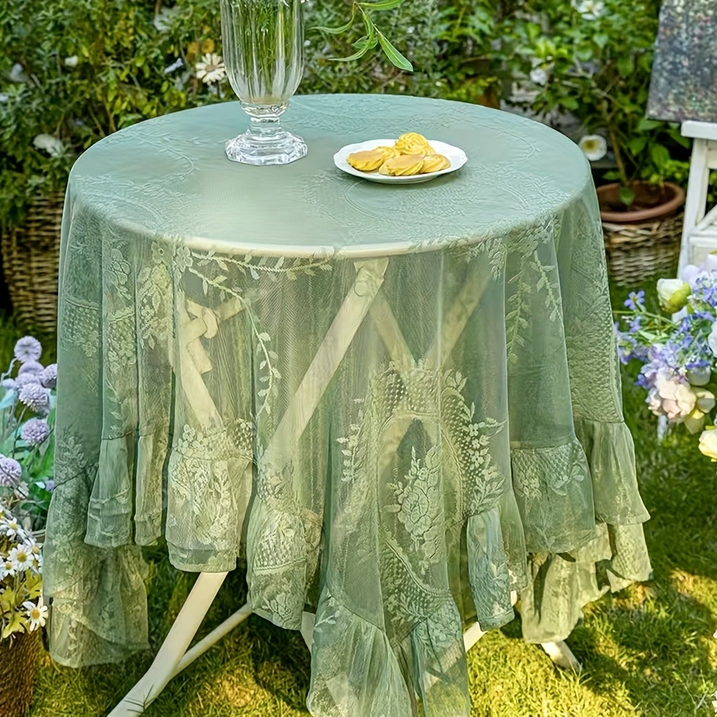 BEXTCOK Mantel francés vintage de una pieza,mantel redondo y rectangular,mantel de encaje exquisito,adecuado para mesas de comedor(verde,140*140cm) - 3